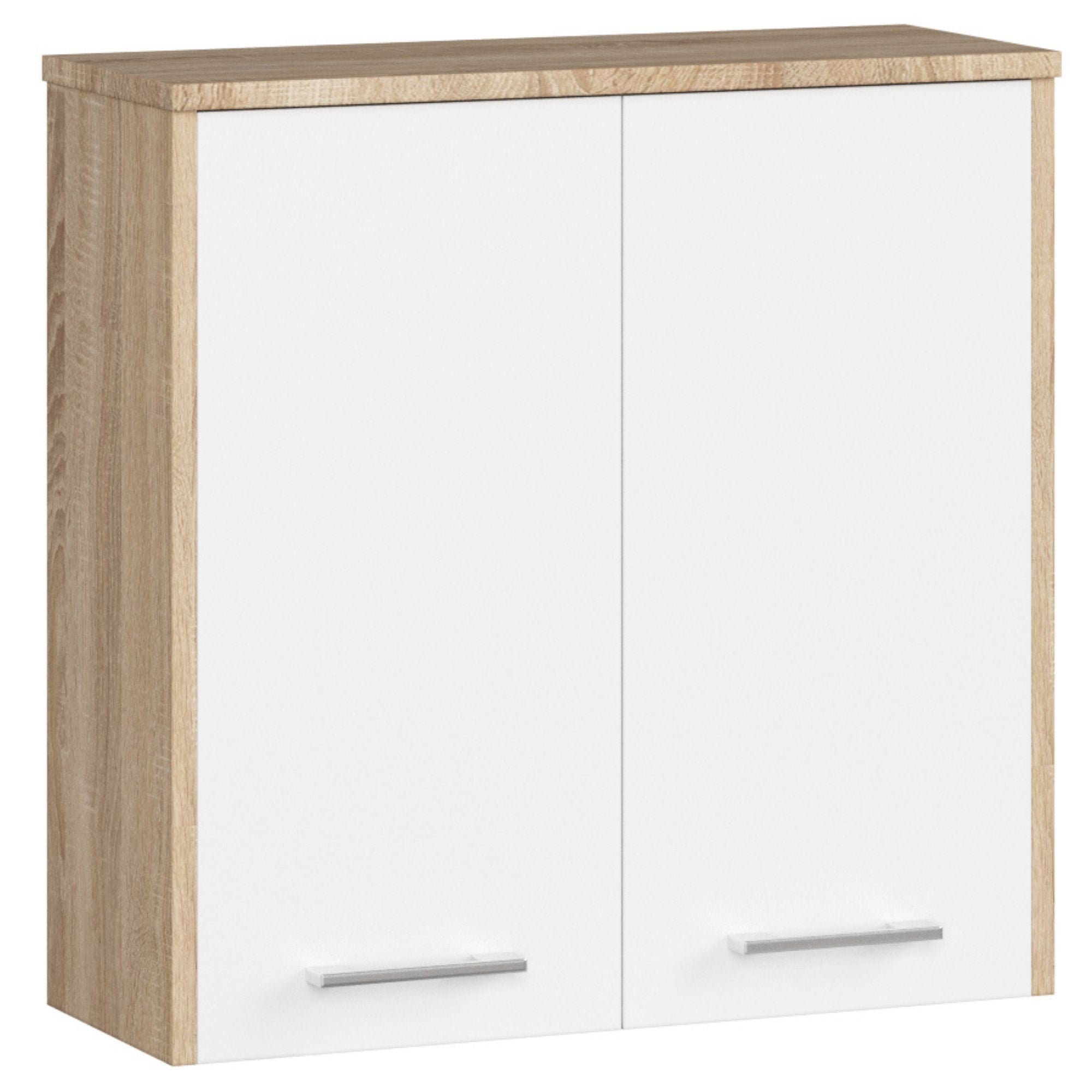 Szafka łazienkowa wisząca: 2 drzwi, 2 półki, dąb Sonoma | biały, szer.: 60 cm, wys.: 60 cm, gł.: 22,5 cm.