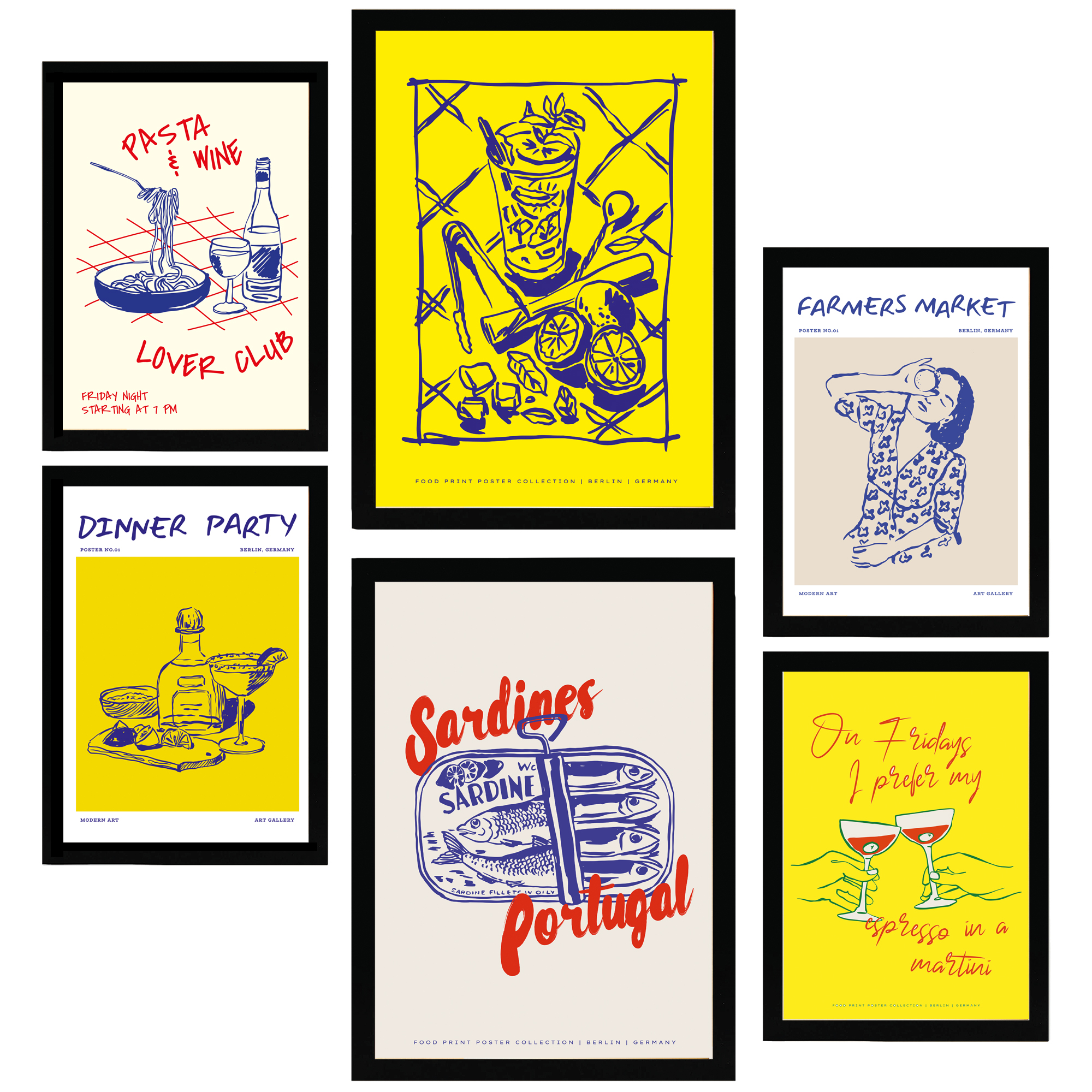 Nacnic set de 6 pósters ilustraciones de alimentos y comida estilo pop art amarillo marco negro