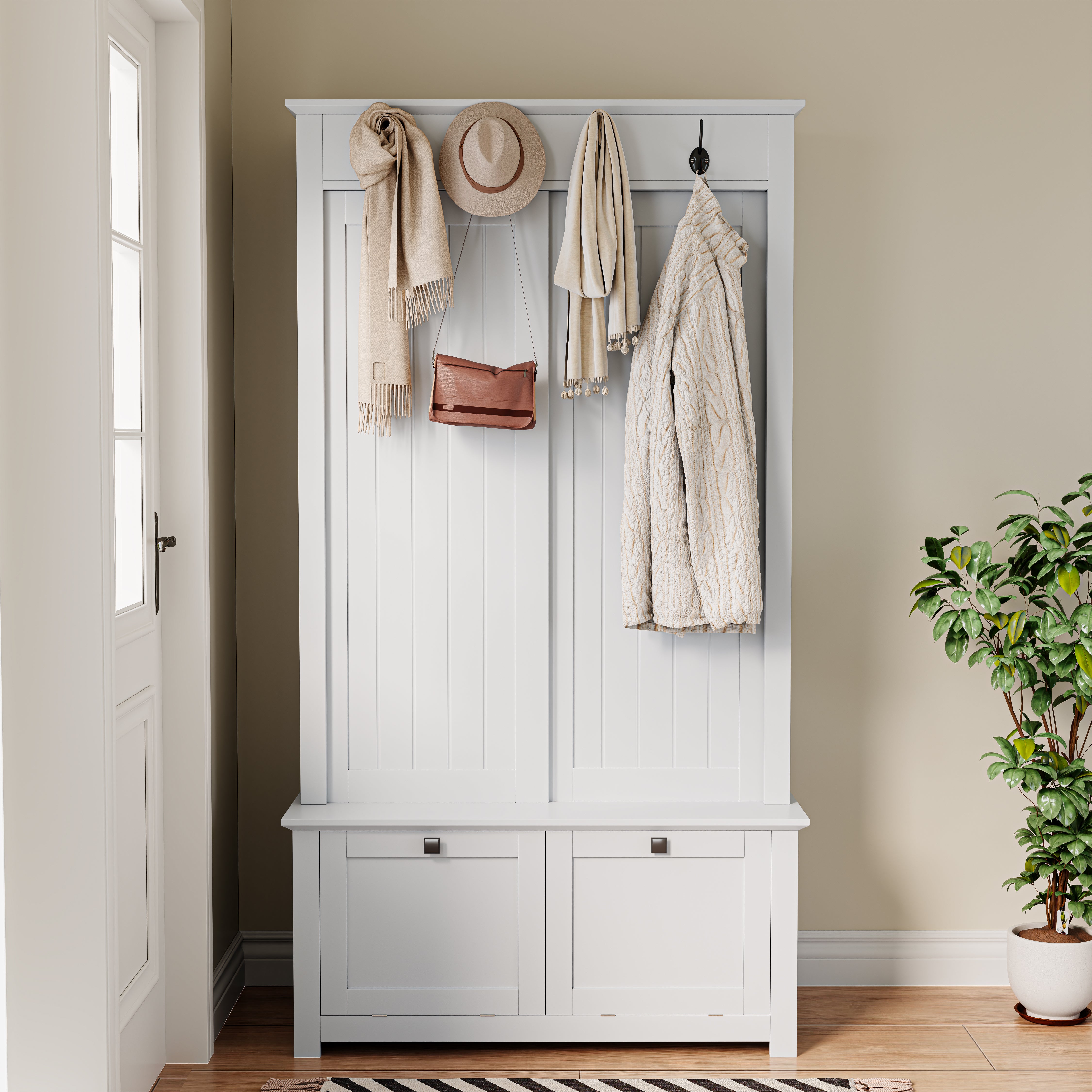 Szafka na buty z haczykami, 2 drzwiami uchylnymi i 2 drzwiami przesuwnymi - 100 x 50 x 180 cm - MDF - Biała