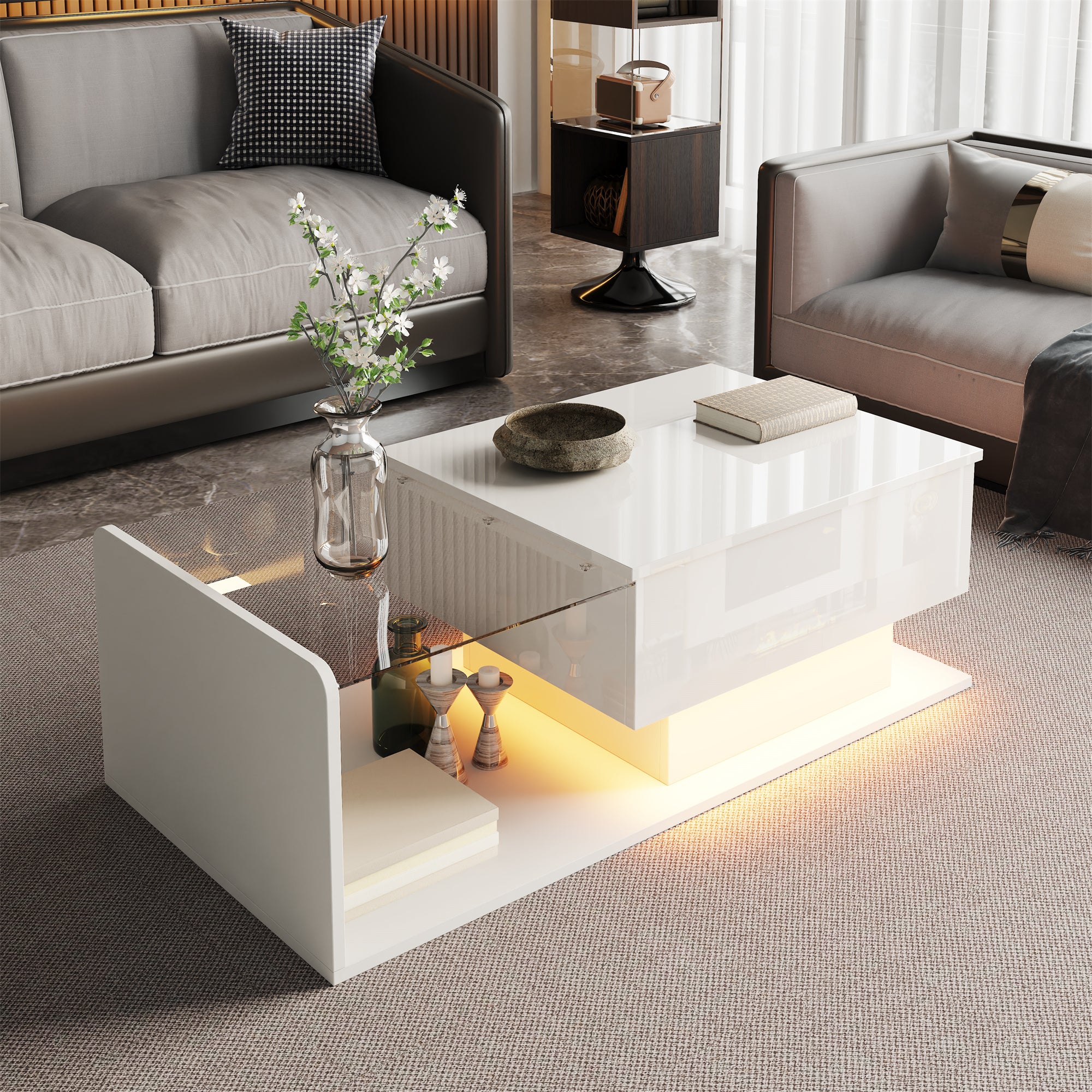 Regulowany stolik kawowy wysokopołysk 100×50×47,5 cm - Szklany blat - Oświetlenie LED - Płyty wiórowe - biały