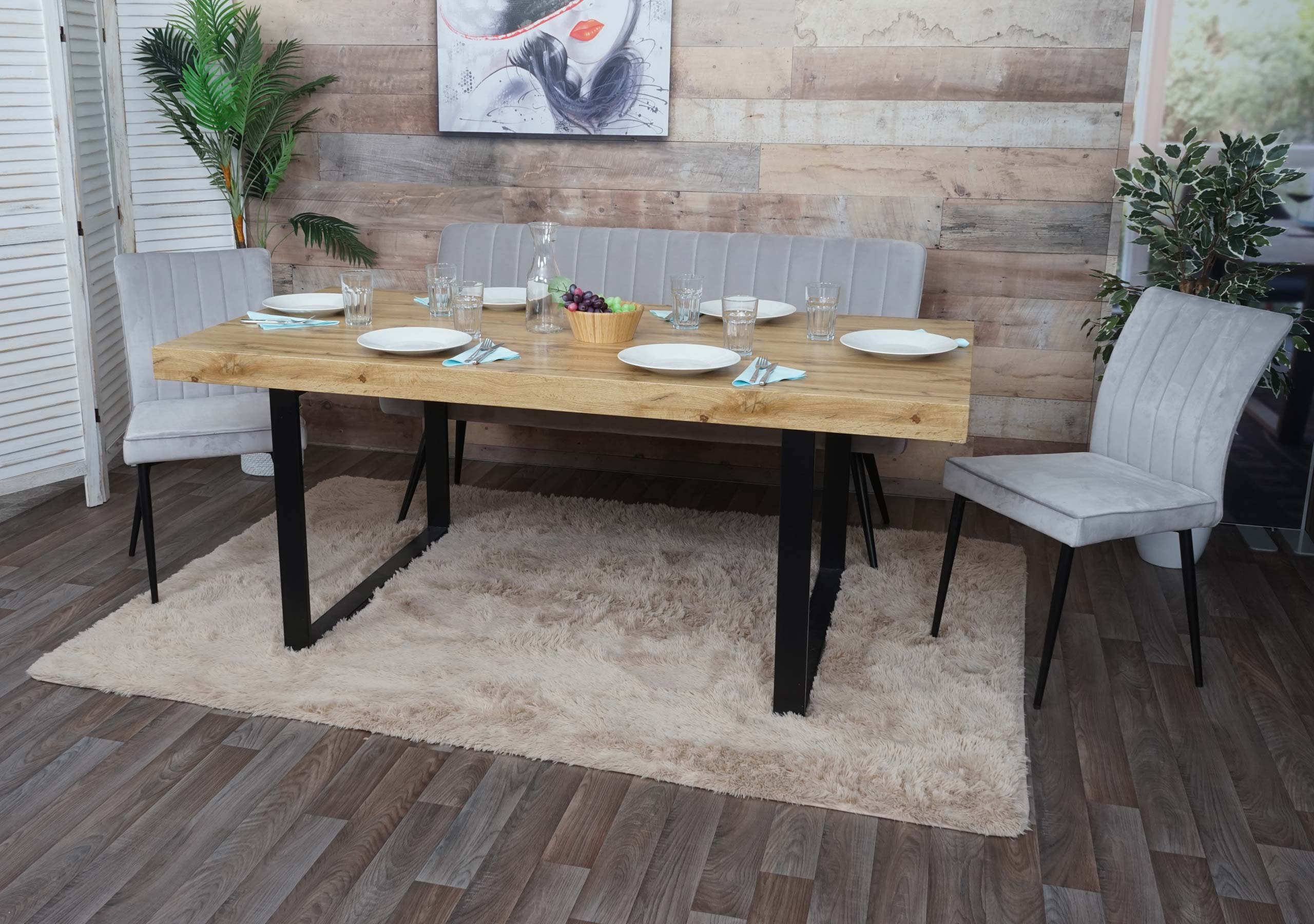 Set panca con 2x sedie sala da pranzo soggiorno HWC-K16 metallo verniciato velluto grigio chiaro - 2