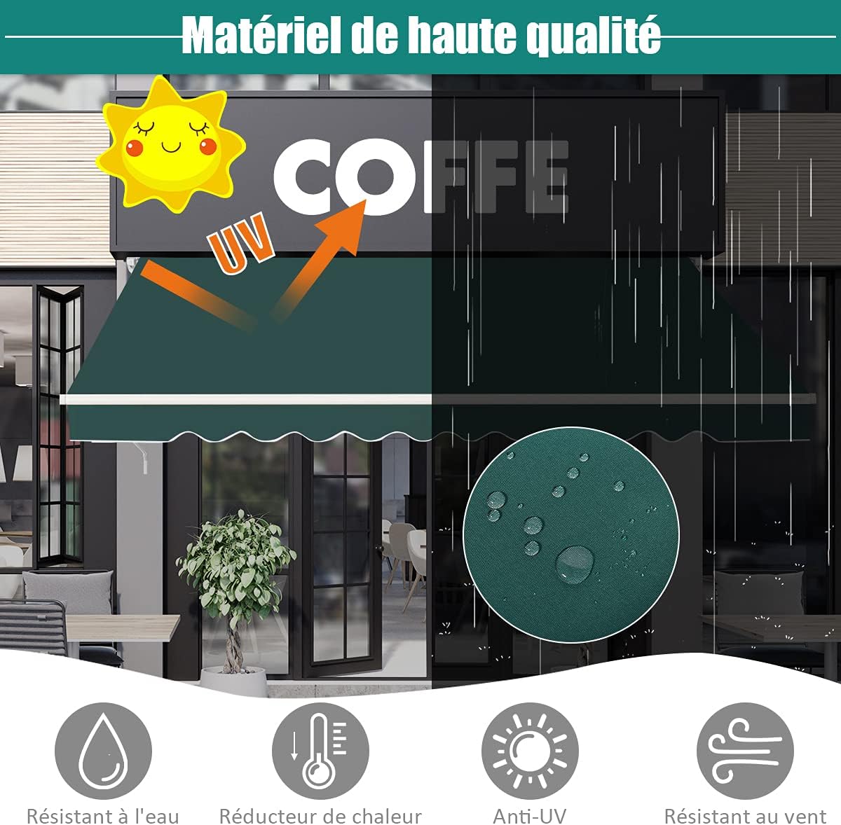 Store Banne Manuel 3Mx2,5M, Auvent de Terrace Exterior e tecido resistente aos UV com manilha e ângulo ajustável 5-35 ° para Patio(Verde) - 3