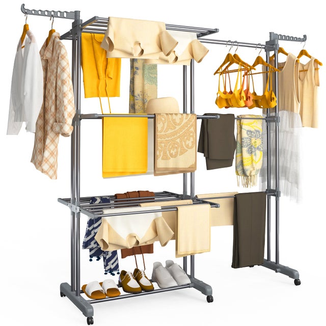 Étendoir à linge extensible pliable 190x64x170cm, Séchoir 4 niveaux grande capacité avec roulettes, Gris, VOUNOT®