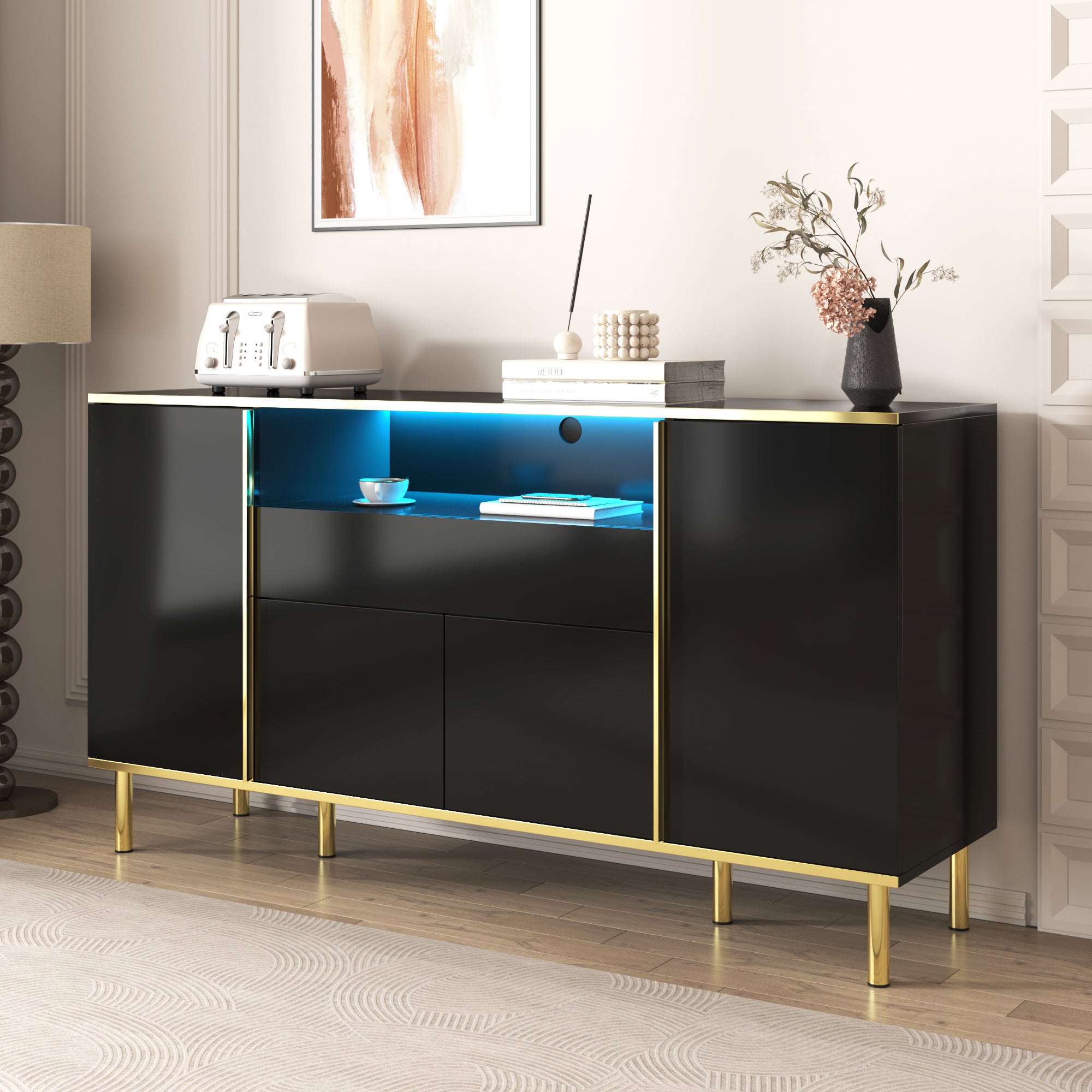 MB Muebles Bonitos - Buffet Salle à Manger Aker - Bahut Salon Design Minimaliste avec LED - 3 Portes - Meuble de Rangement - Blanc Mat - 155 x 91,5 x 37 cm