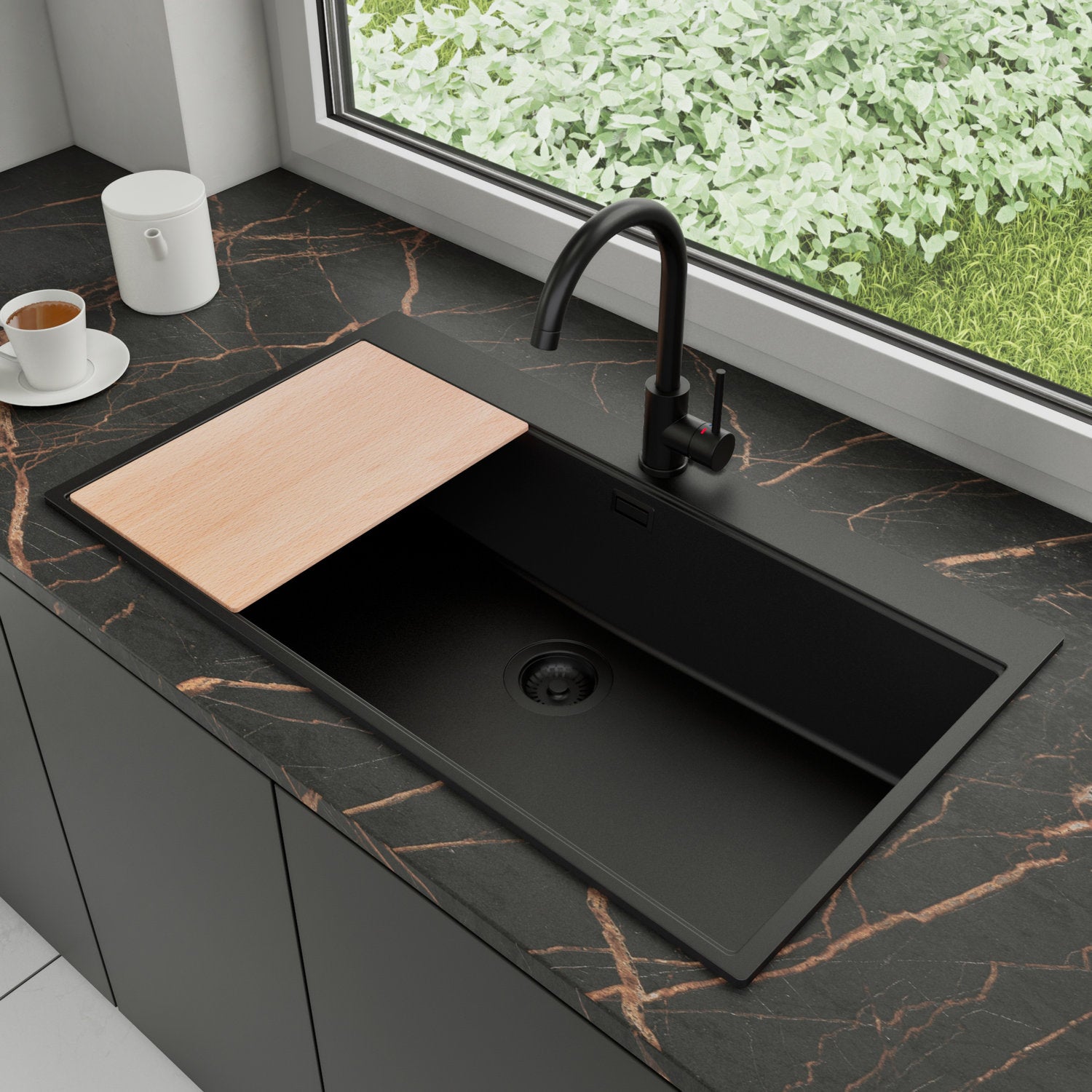 Zlewozmywak Granitowy 88x50cm, do szafki od 90cm + Bateria + Syfon + Deska - Rubin Cały Czarny STONESTYLE