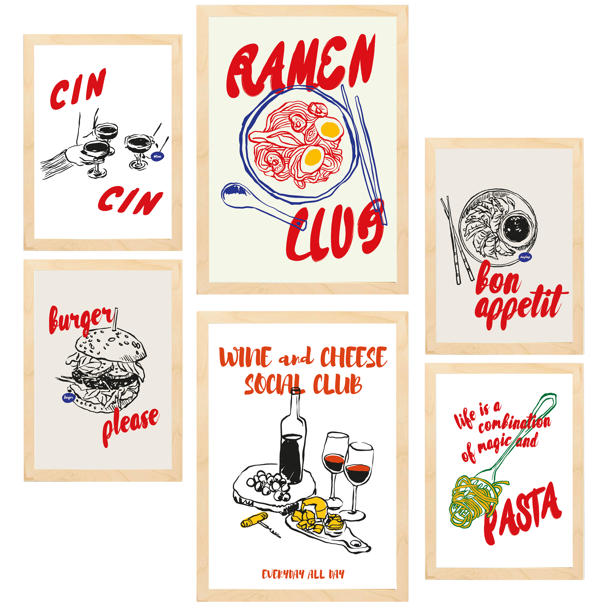 Nacnic set de 6 pósters ilustraciones de alimentos y comida estilo pop art ramen y pasta marco madera clara