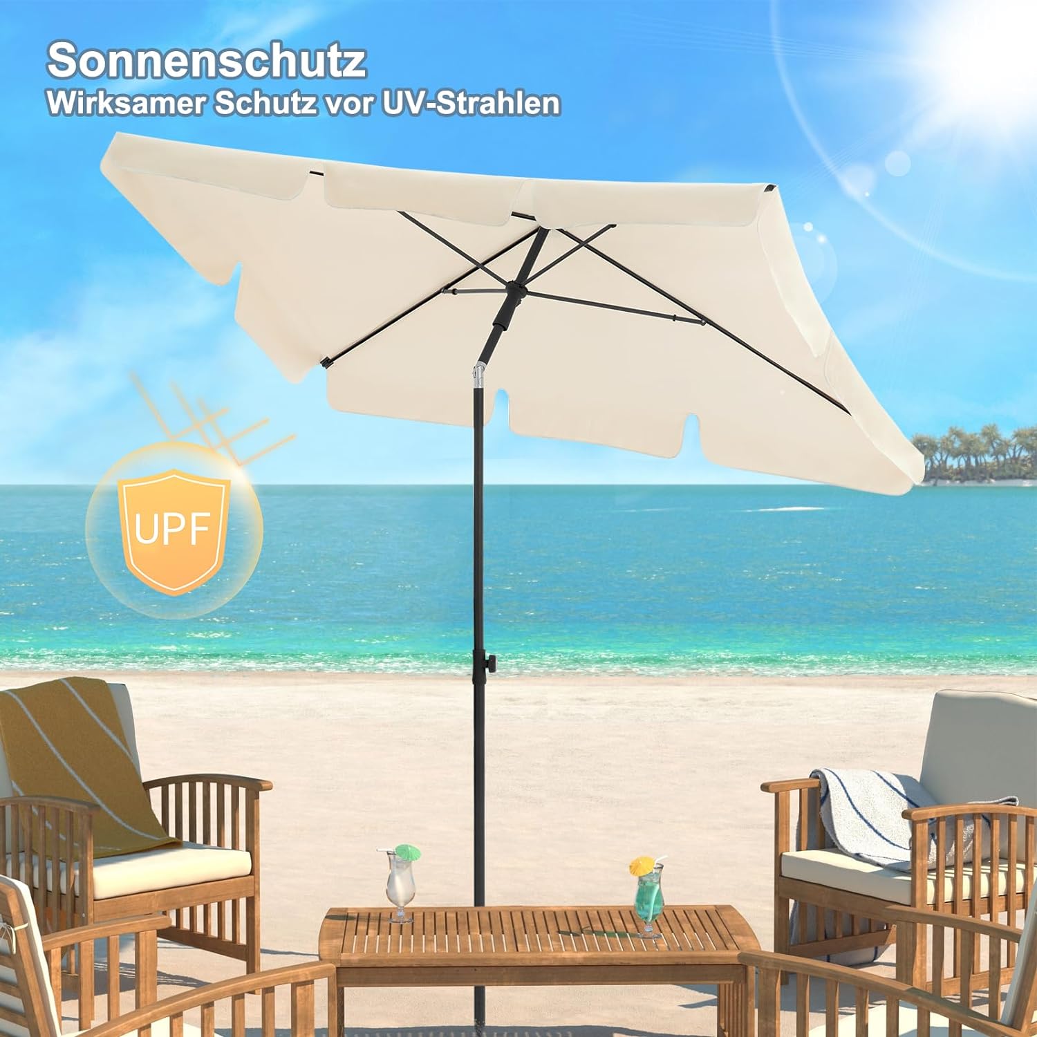 WOLTU Parasol de Jardin Extérieur, Parasol Plage, Parasol Rectangulaire Inclinable, Hauteur Réglable, Protection UV, 180g/m², 2x1,2m, Beige - 2