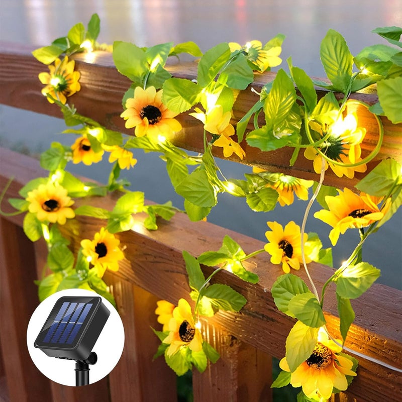 Sznur lampek solarnych, 50 diod LED, 5 metrów, sztuczne lampki w kształcie słonecznika, wodoodporne, odpowiednie do ogrodów, sypialni, balkonów, wese