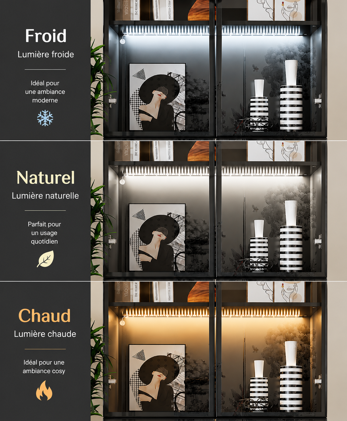 Vitrine à Lumières LED 3 couleurs, Armoire de Collection avec 2 Portes en Verre et 2 Tiroirs, Bureau et Salon, 80x36x200, Noir - 3
