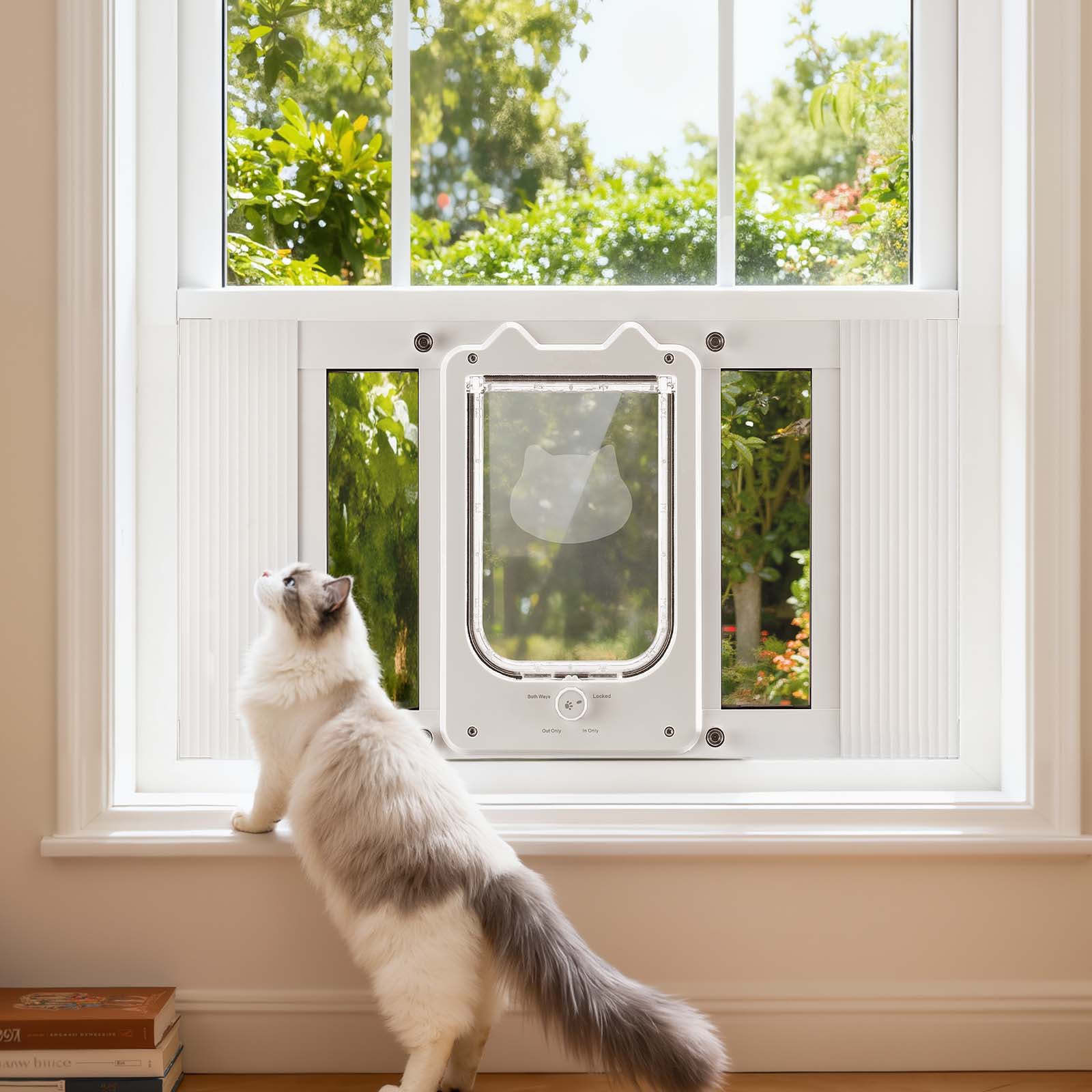 Porta para gatos com janela SucceBuy ajustável 58,4-71,1 cm, porta para gatos 4 vias de fecho, moldura de alumínio, vidro transparente, branco - 8