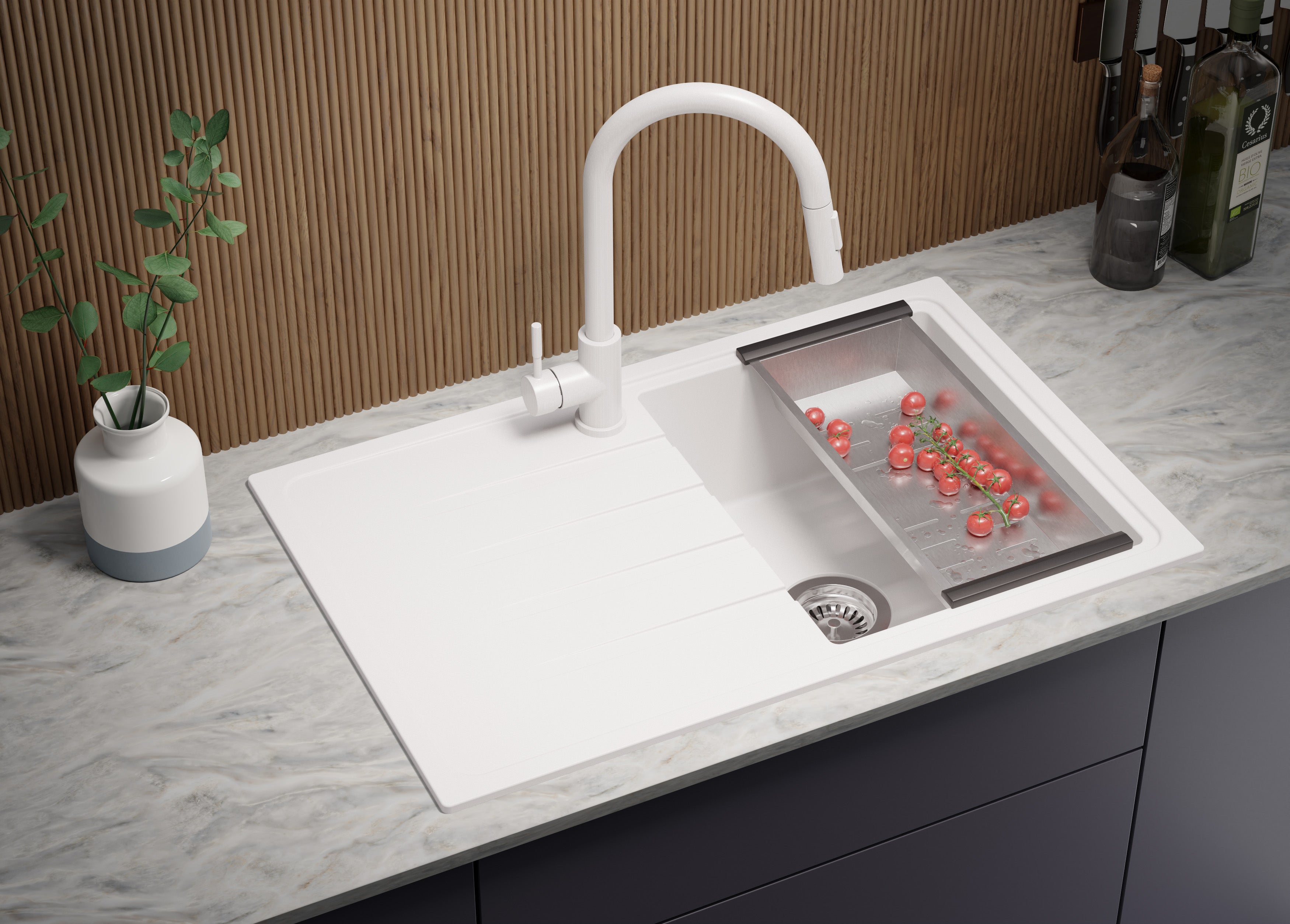 Evier Cuisine en Granit Blanc 78x50cm, Lavabo 1 bac + Kit de Vidage, Évier à Encastrer au meuble 45cm - Milan PRIMAGRAN - 3