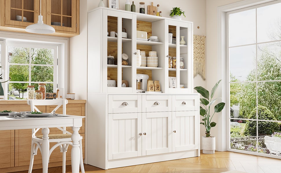 Credenza da cucina con 5 ante, 3 cassetti e ripiani portaoggetti, vetrina - 140 x 38,5 x 175 cm - MDF - Bianco + naturale - 4