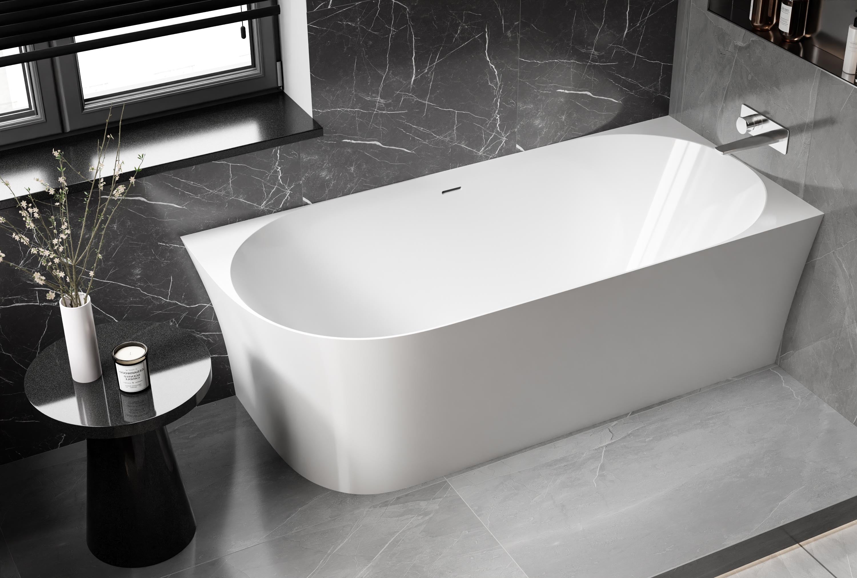 BERNSTEIN - Baignoire d'angle semi-ilot Acrylique 150x78x60cm Blanc brillant + Bonde et trop plein - installation à droite - NOVA SLIM LINE - 2
