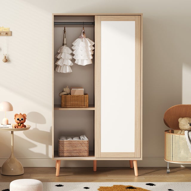 Armadio per bambini con 2 ante scorrevoli - 80 x 46 x 141,5 cm - Legno massello + MDF - Bianco e naturale