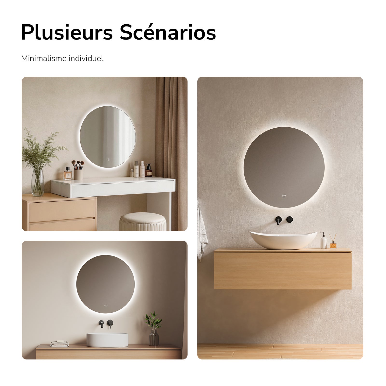 EMKE Miroir lumineux salle de bain rond diamètre 60cm, rétro-éclairage sans cadre, Miroir LED avec Interrupteur Tactile, Lumière Blanche Froide - 7