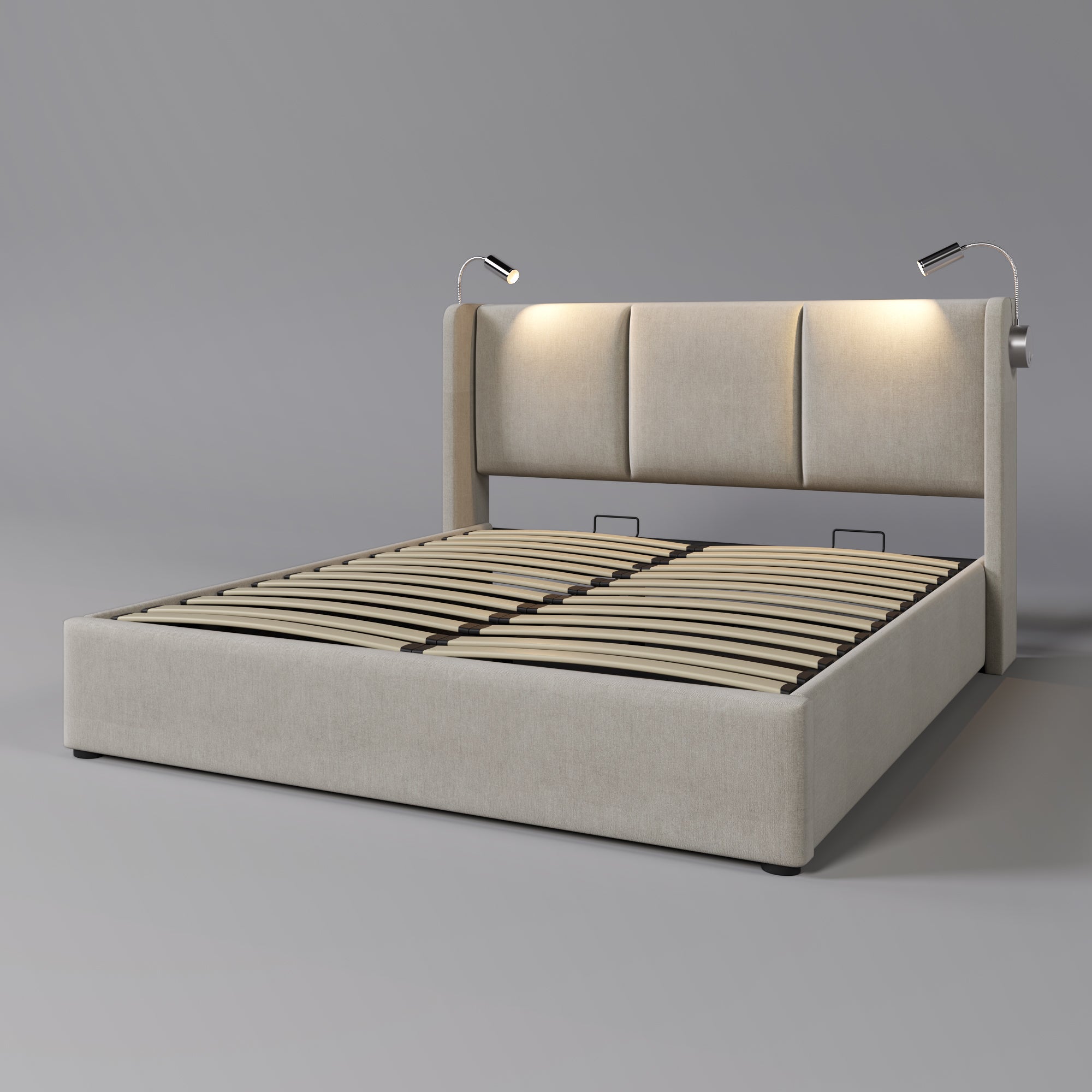 Cama contenedor 160 x 200 cm con cabecero - tela de lino - USB + lámpara de lectura - beige - 4
