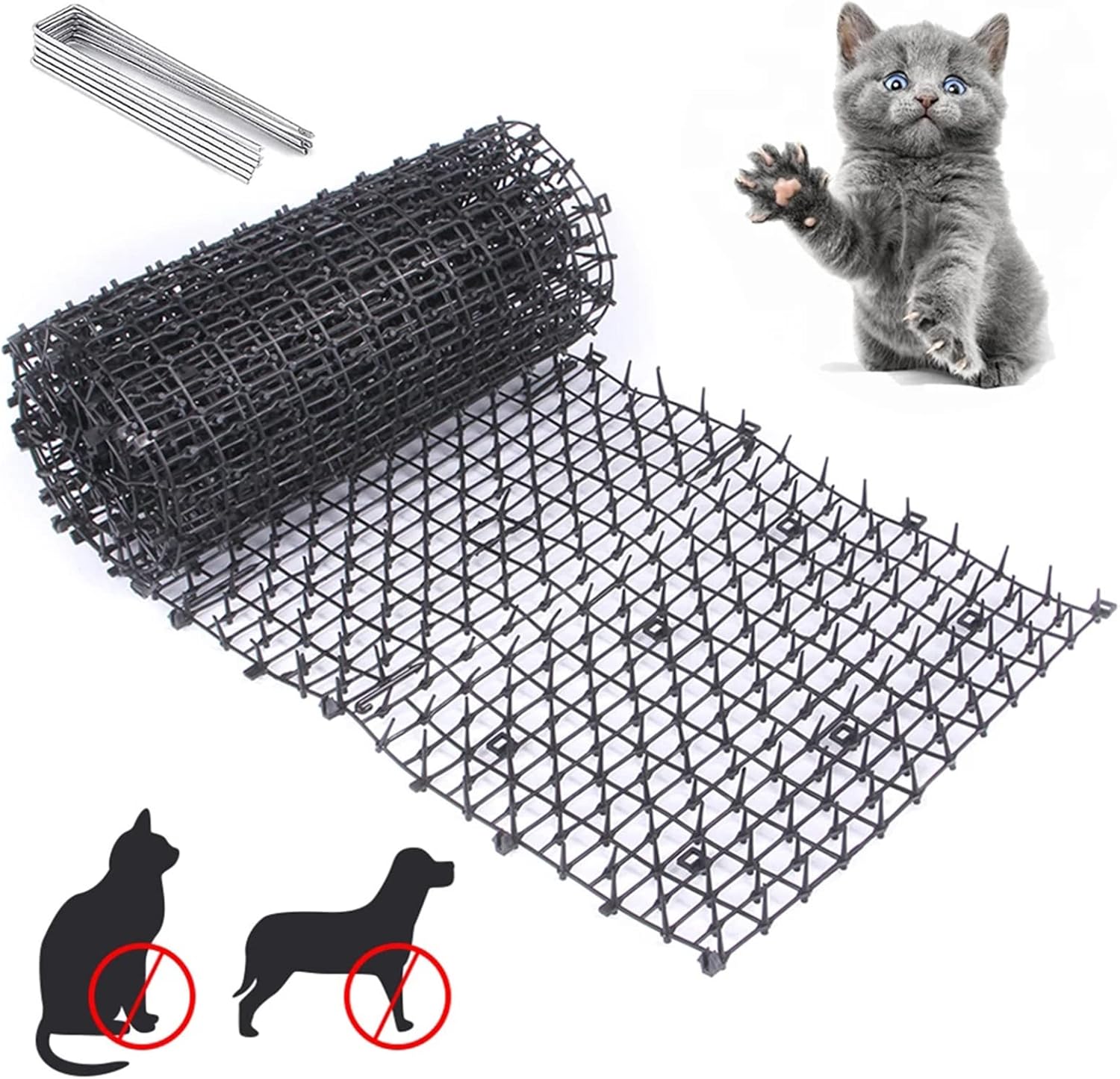 Rolka mat odstraszających koty o wymiarach 200×30 cm z 8 kotwami gruntowymi w kształcie litery U, przenośne, naturalne maty odstraszające psy i koty