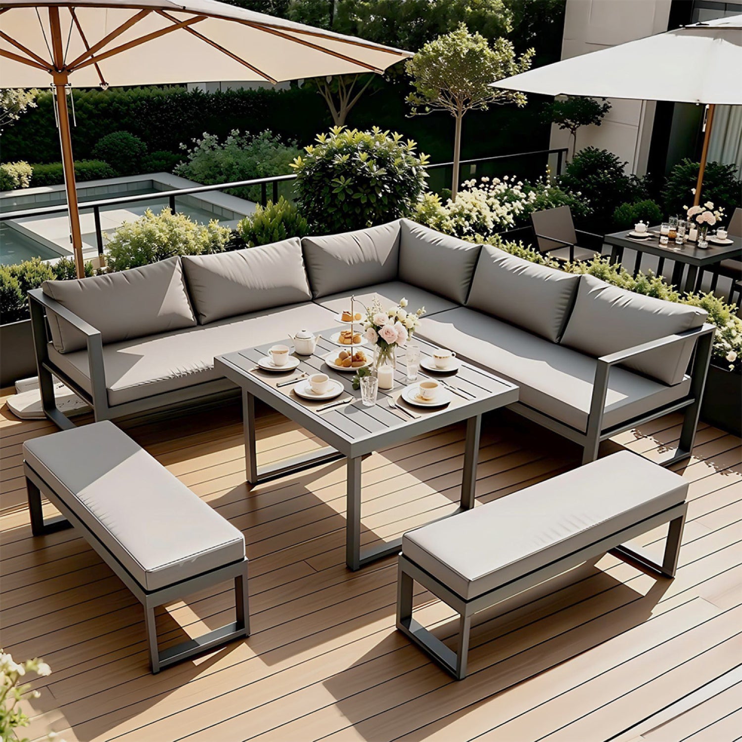 Salon de jardin gris foncé 7-9 places canapé + 2 bancs MARBELLA - 4