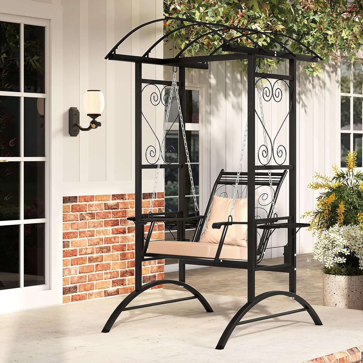 Balancelle d’Extérieur avec Support et 2 Treillis pour Adultes, Chaise de Balcon avec Coussins Amovibles et Tables Latérales pour Jardin, Balcon - 9