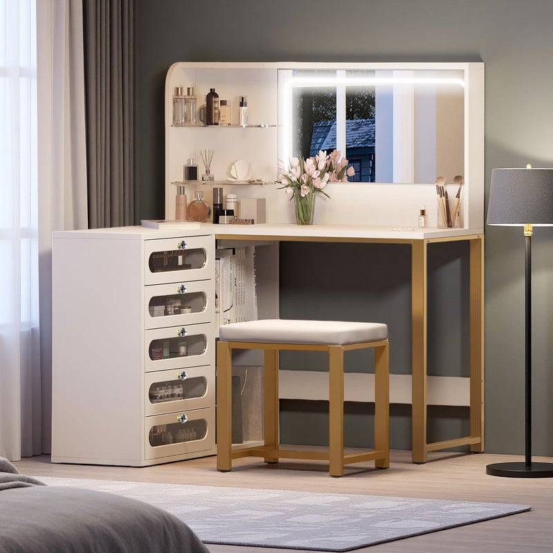 Coiffeuse d'angle - Coiffeuse moderne - 120x80x135 cm - Miroir LED 3 tons - 5 tiroirs transparents - 3 etagères - Meuble de rangement - Blanc - 2