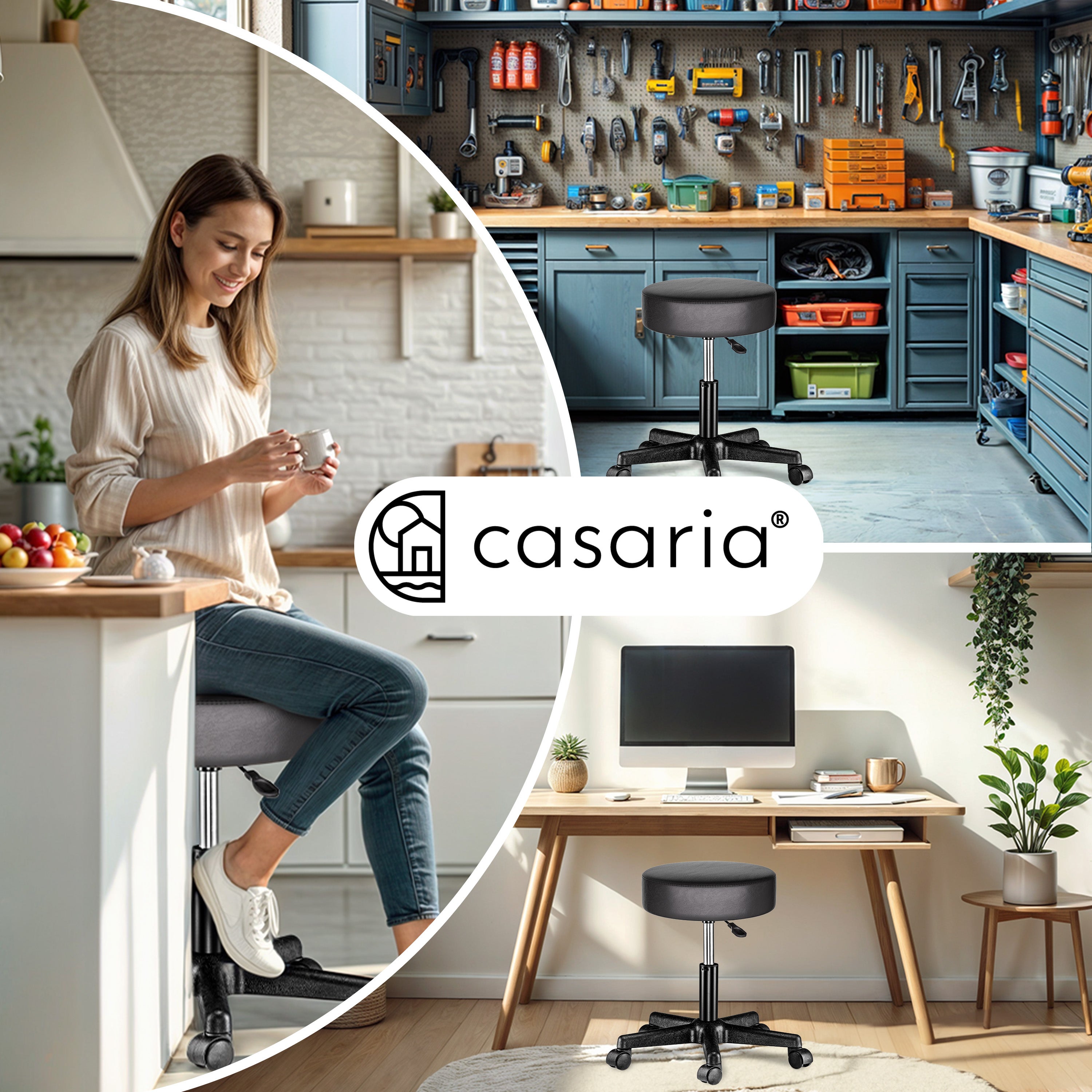 CASARIA® Tabouret Roulettes Pivotant 360° - Tabouret de Bureau Ergonomique Réglable 46-60 cm - Similicuir - Charge Max. 150 kg - Rembourrage Épais - 8