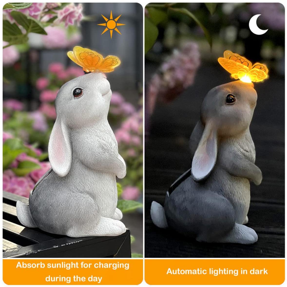 Statue de lapin, ornements de jardin solaire, ornement de jardin extérieur avec lumière solaire papillon, décoration de maison, 15x14x26 cm, gris - 3