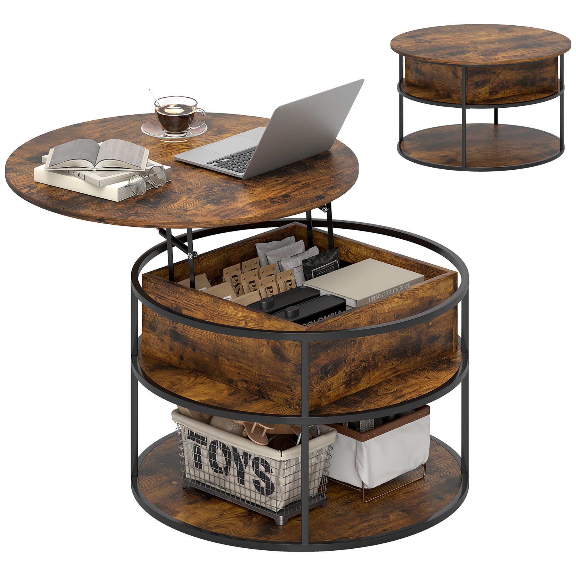 Table basse ronde avec plateau relevable, espace de rangement, étagères ...