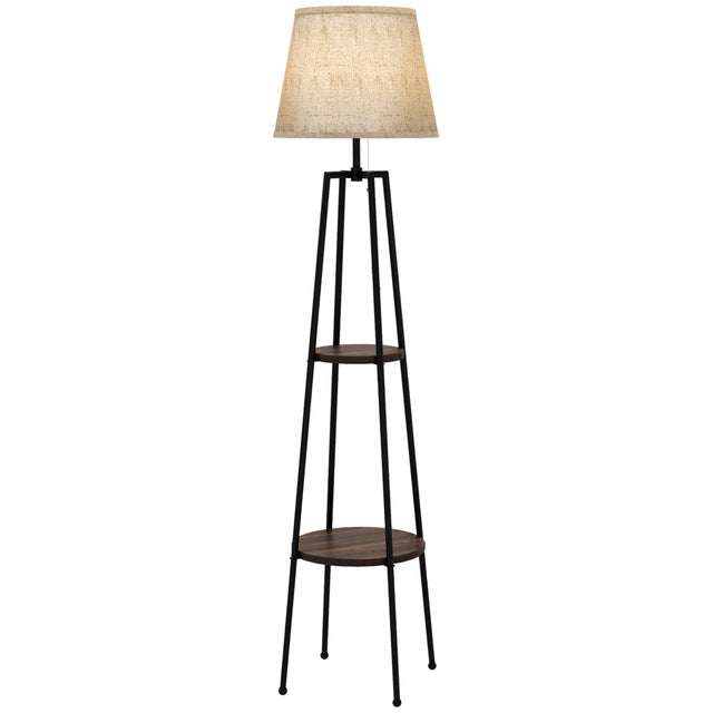 HOMCOM Lampada da Terra in Metallo e MDF a 2 Ripiani con Paralume in Tessuto, Ø42x166 cm, Nero e Marrone