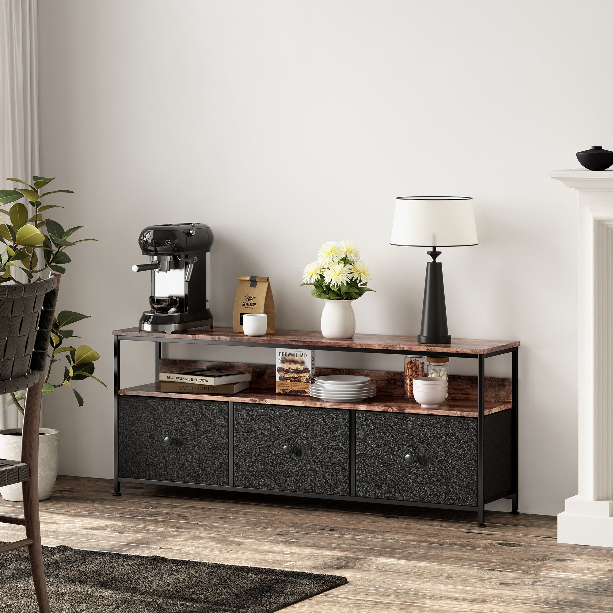 Meuble TV 137 CM avec lumières LED 3 tiroirs Panneau de particules et Pieds de table en métal Hauteur réglable PU noir - 3