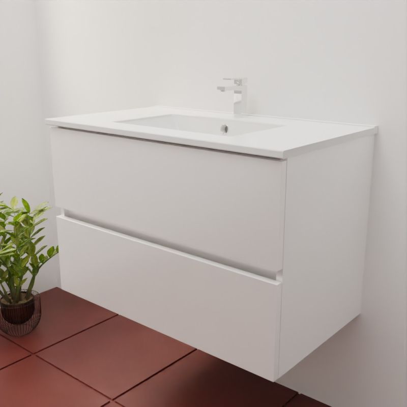 Meuble salle de bain suspendu 80 cm ROSALY INOX- Blanc- Plan vasque en Céramique - 2