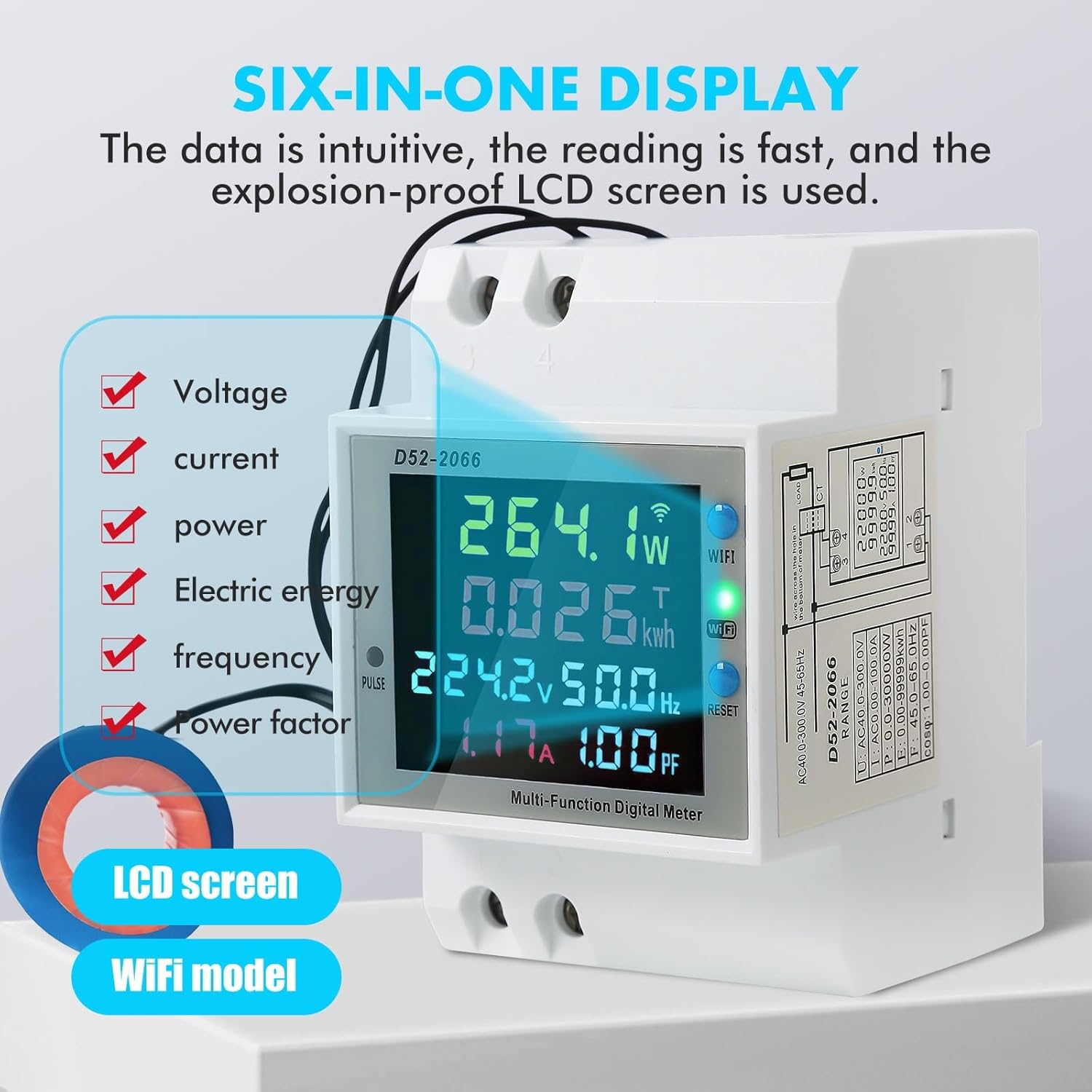 Compteur Électrique Monophasé Intelligent - Contrôle WIFI Tuya, Ampèremètre, Voltmètre, KWH, Moniteur de Consommation Énergie Rail DIN - 5