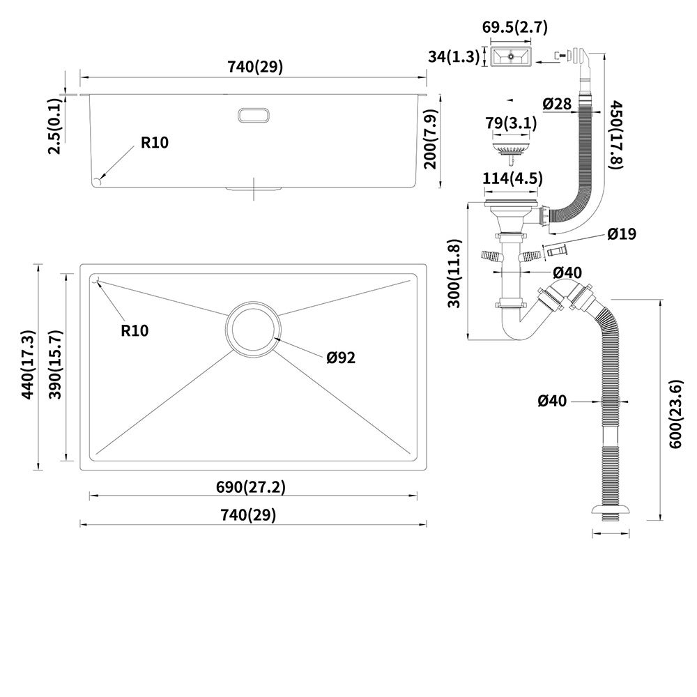 Lonheo Max Lavello Cucina 1 Vassoio 74*44*20CM, in Acciaio Inox Spazzolato con Sifone e Troppo pienon, Nero,Modello UE - 4