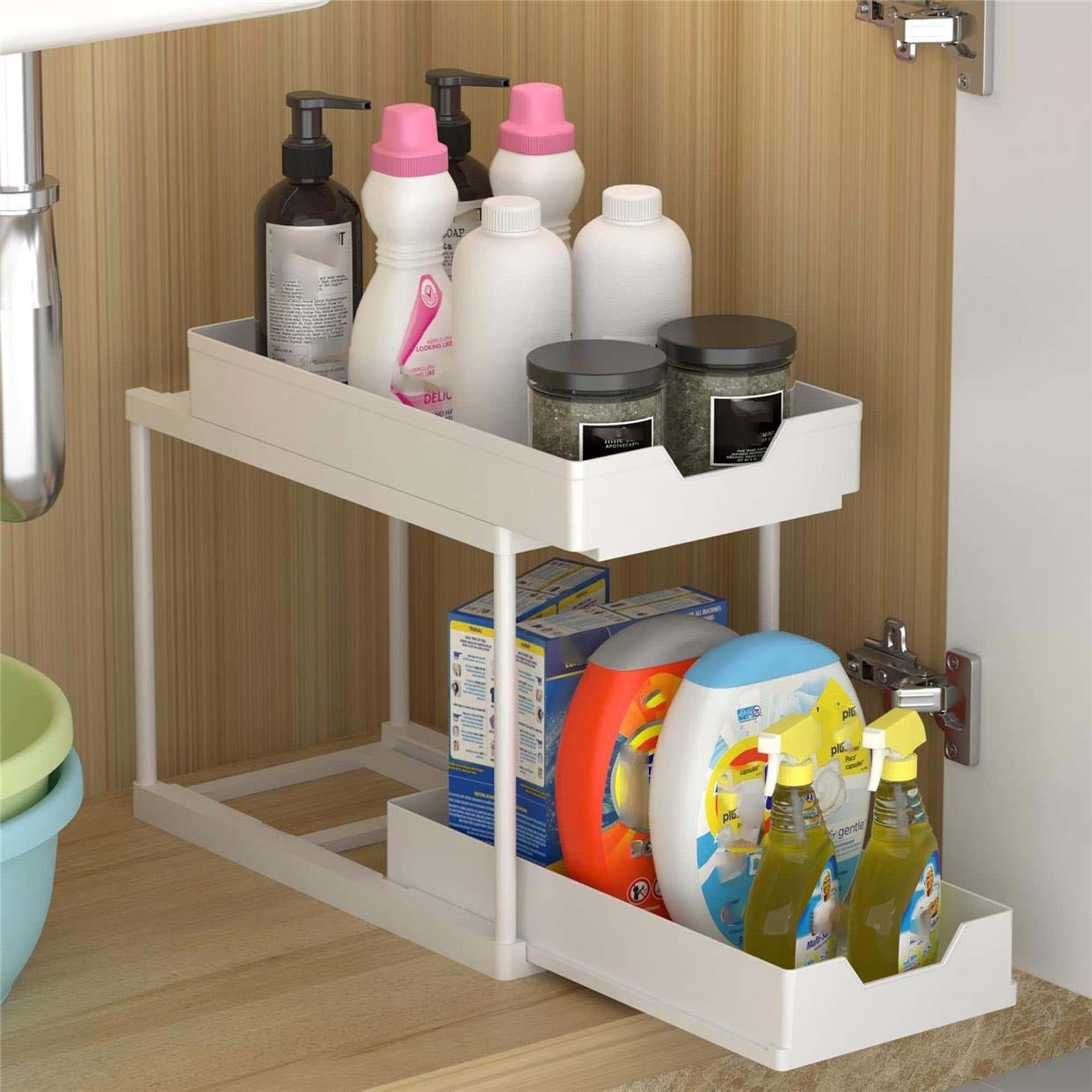 Organisateur Sous Évier Métal 2 Niveaux En L - Rangement Cuisine Et Salle De Bain Hauteur Réglable Avec Tiroir Coulissant