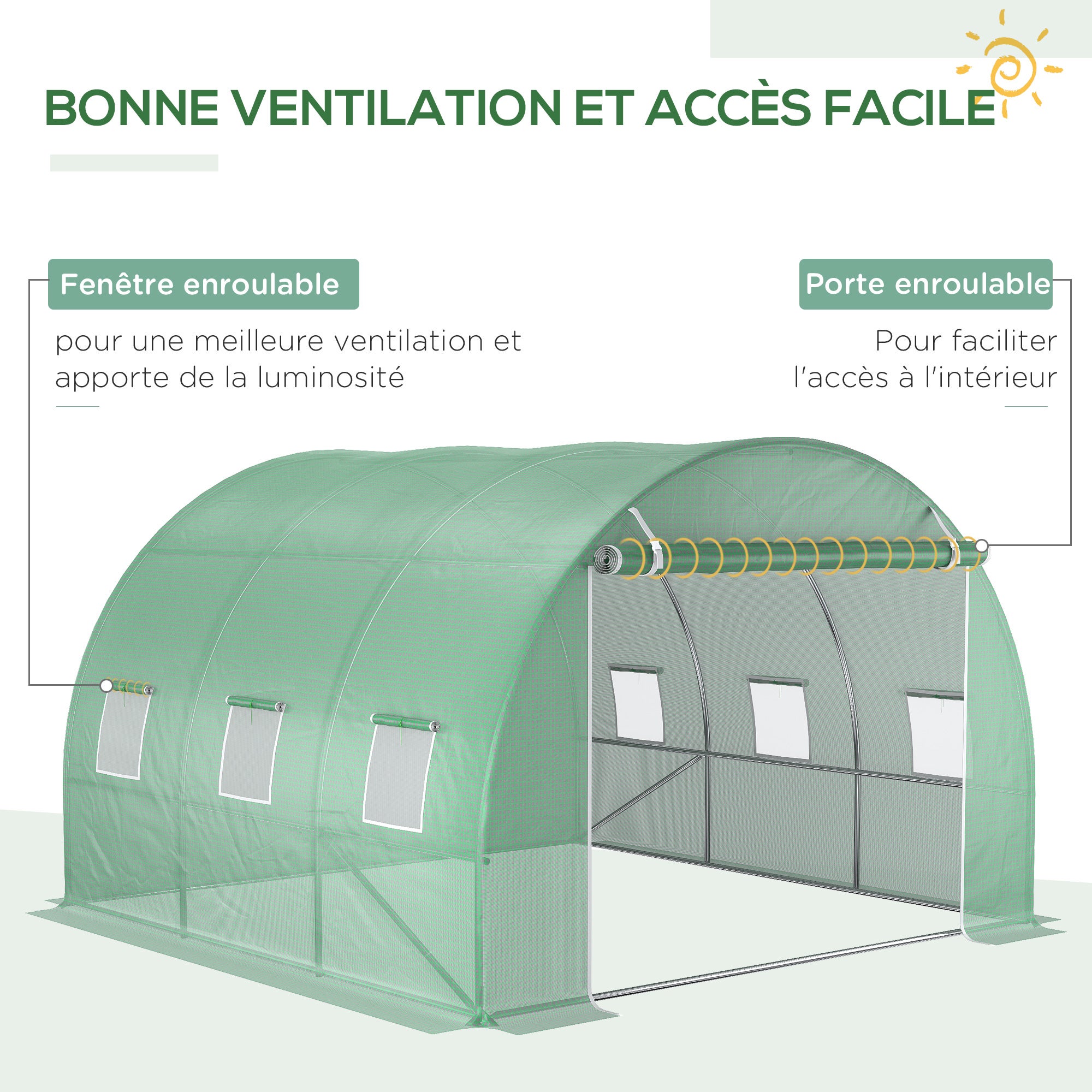 Bâche de Rechange Serre Tunnel 9 m², bâche 3 x 3 x 2 m PE Anti-UV imperméable 6 fenêtres + Porte Enroulable zippée foncé Vert - 6