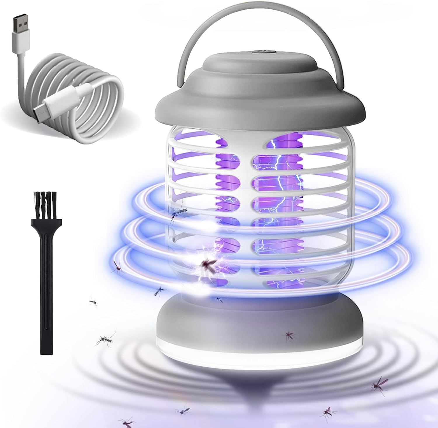 Lampa przeciw muchom o wysokiej wydajności, pułapka na komary kempingowa z oświetleniem LED, oświetlenie wewnętrzne i zewnętrzne (akumulatorowa, szar