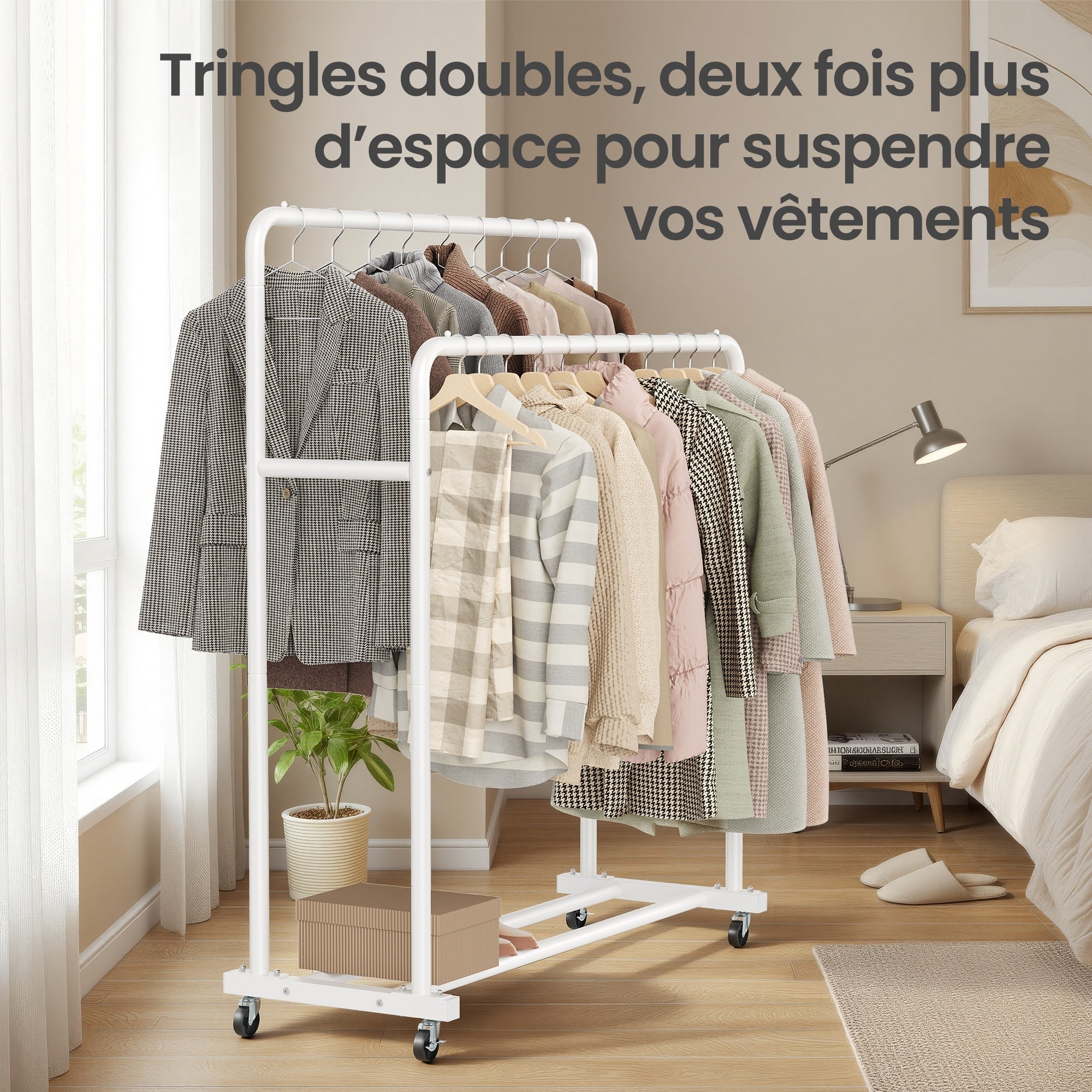 Portemanteau sur Roulettes, Portant à Vêtements Robuste, Charge 90 kg, Chambre, Blanc - 3
