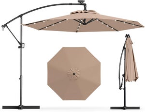 Parasol Déporté 3M avec 32 LED Solaires, Parasol de Jardin 8 Baleines avec Tissu Protection Solaire, Parasol Inclinable Rotatif à 360° (Brun)