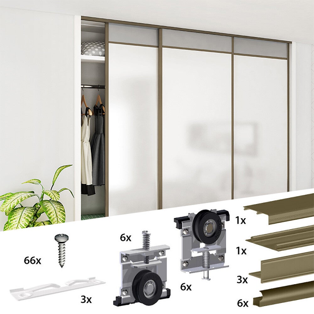 Kit SLID'UP 210 aluminium anodisé bronze pour 3 portes de placard coulissantes 16 mm - rail 2,7 m - 70 kg - 2