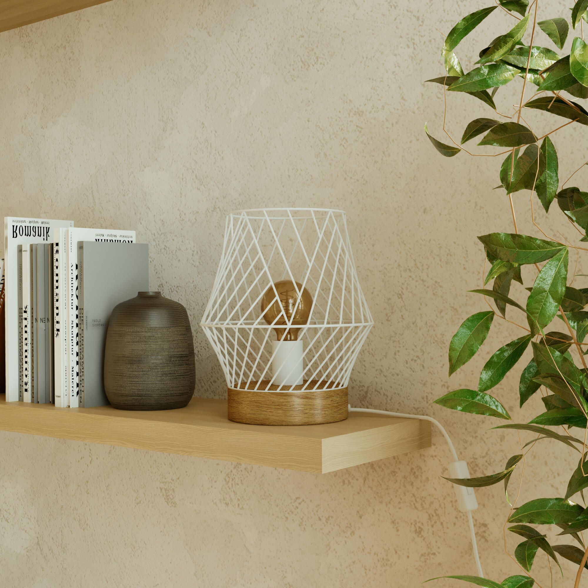 INSPIRE - Lampa stołowa 1-punktowa - KANEL - 1 x E27 46 W - Ø22 CM - Metal i drewno - Matowa biel