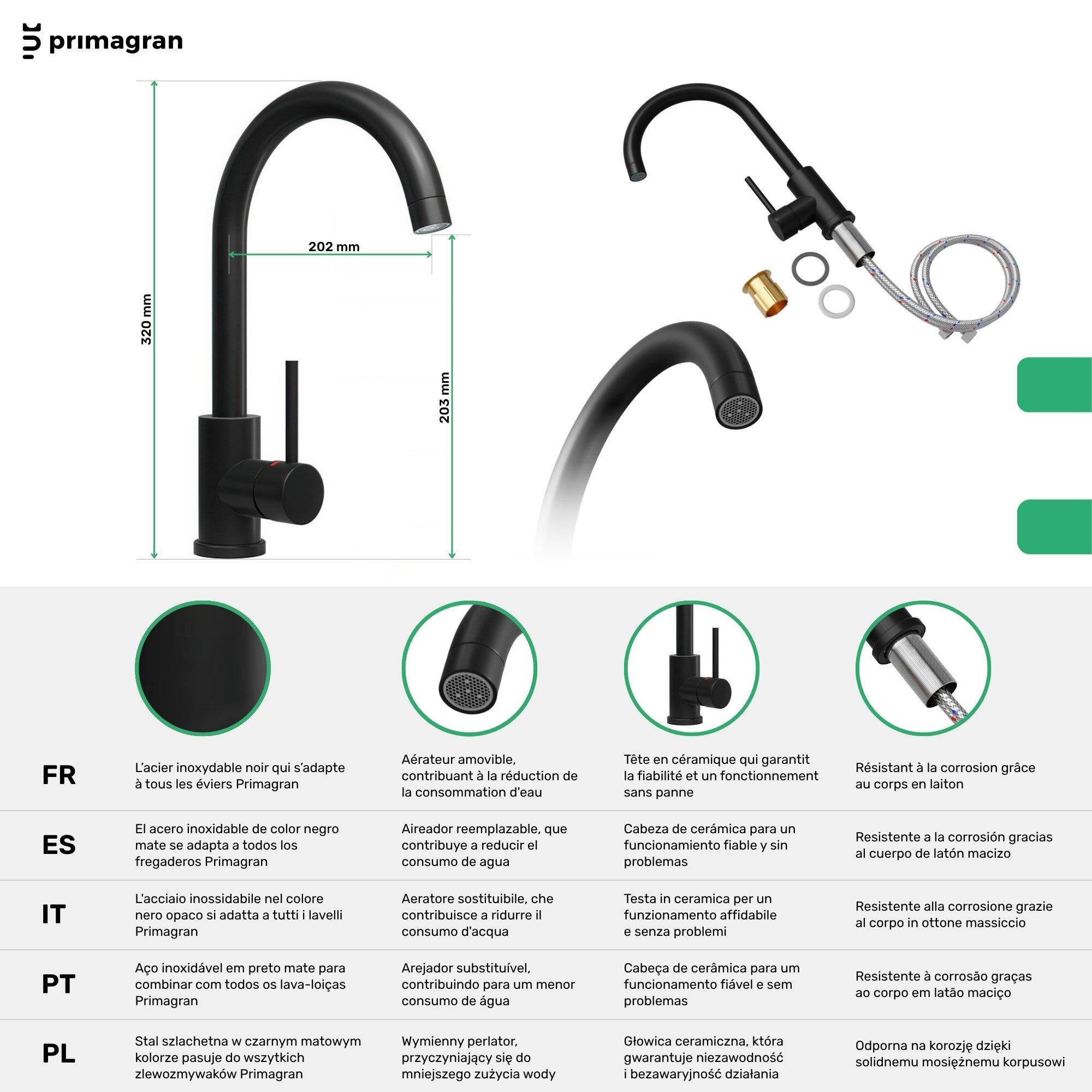 Evier Cuisine en Granit Noir 55x44cm, Lavabo 1 bac + Robinet 32x20cm + Kit de Vidage, Évier à Encastrer au meuble 45cm - Copenhague Easy PRIMAGRAN - 8