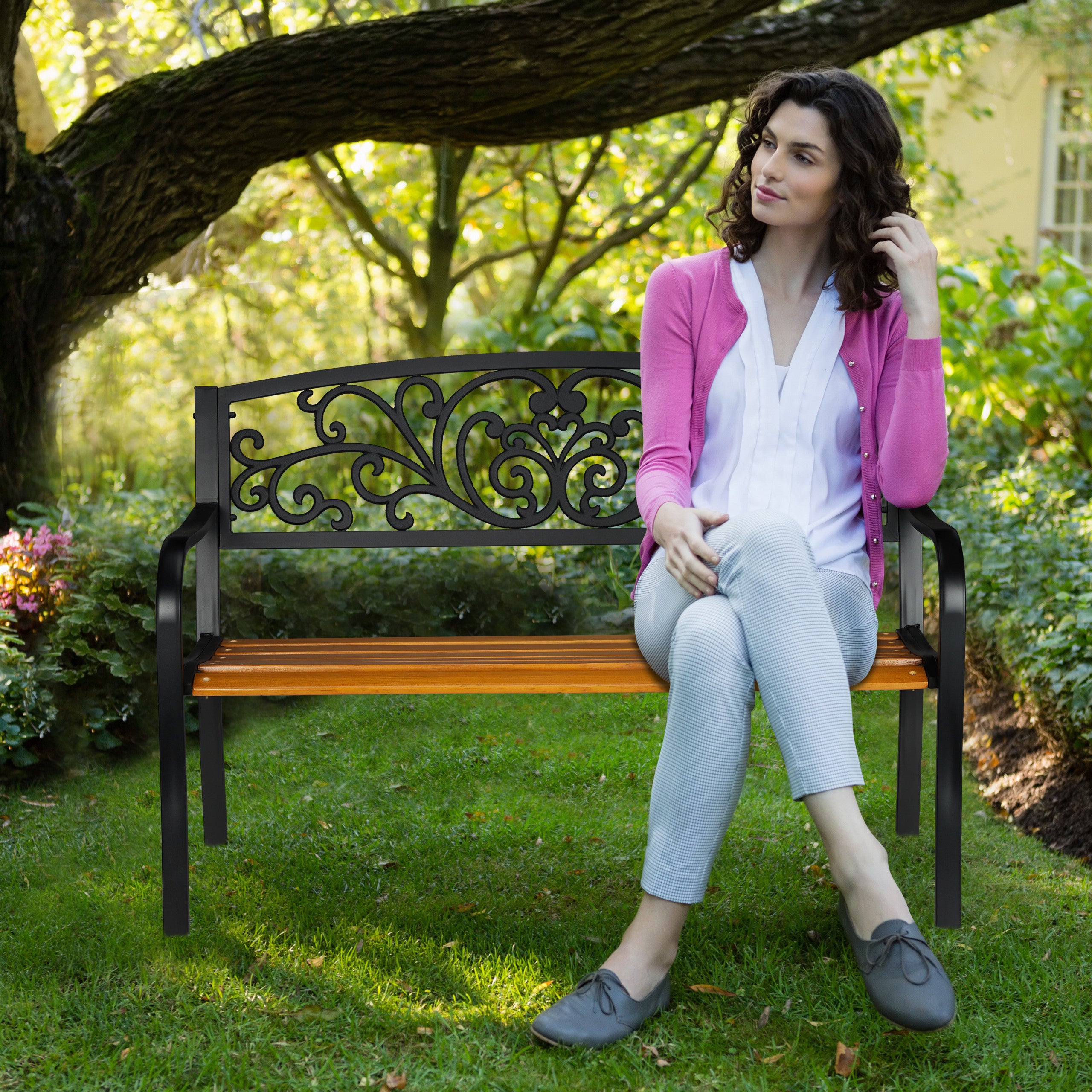 Banc de jardin, 2 sièges, balcon, terrasse, bois, métal, rustique, H x L x P : 86,5 x 127 x 59 cm, brun/noir, Relaxdays - 2