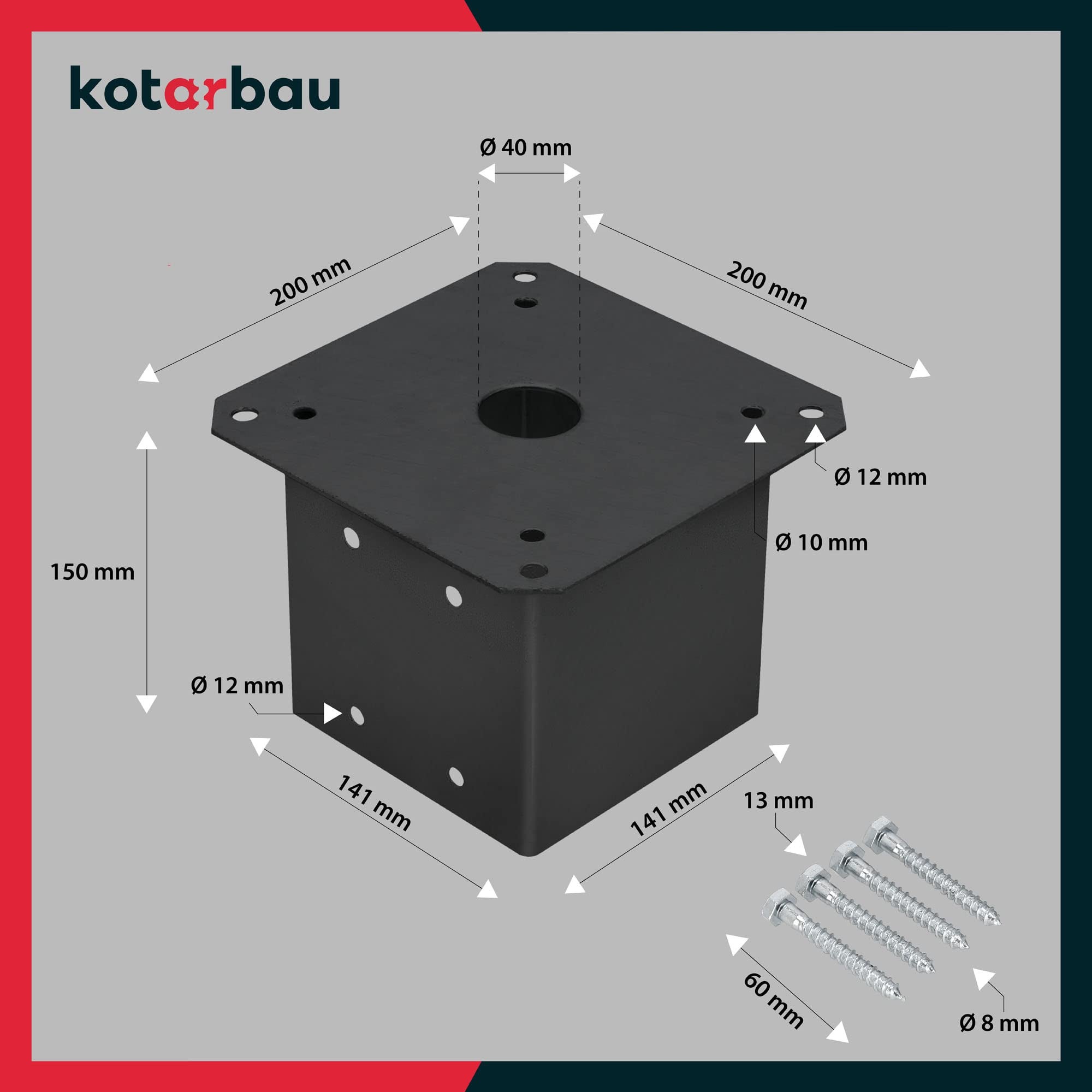 Support Poteau Bois - Acier Revêtu par Poudre - 140 x 140 mm - Noir - Pied de Poteau - Fixation Robuste - Résistant à la Corrosion KOTARBAU - 4