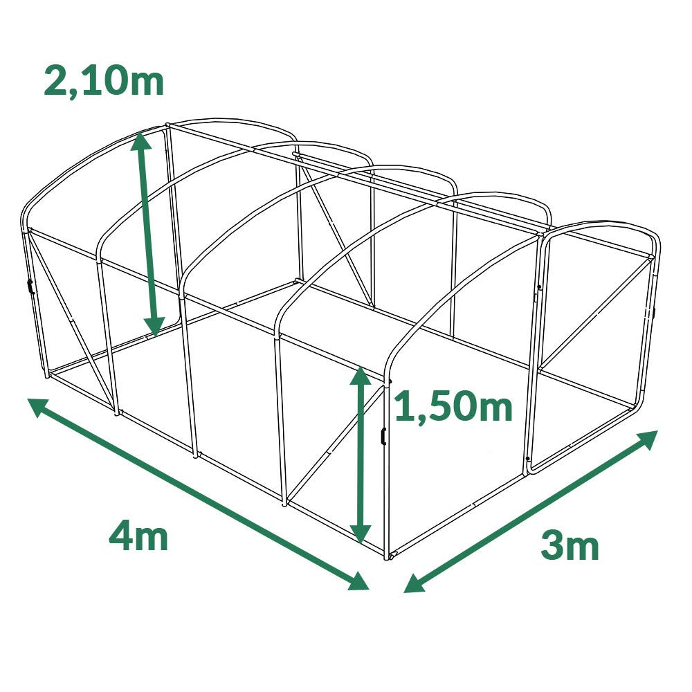 Serre tunnel 12m² à pieds droits avec porte - Bâche thermique transparente et structure Ø32mm - 4