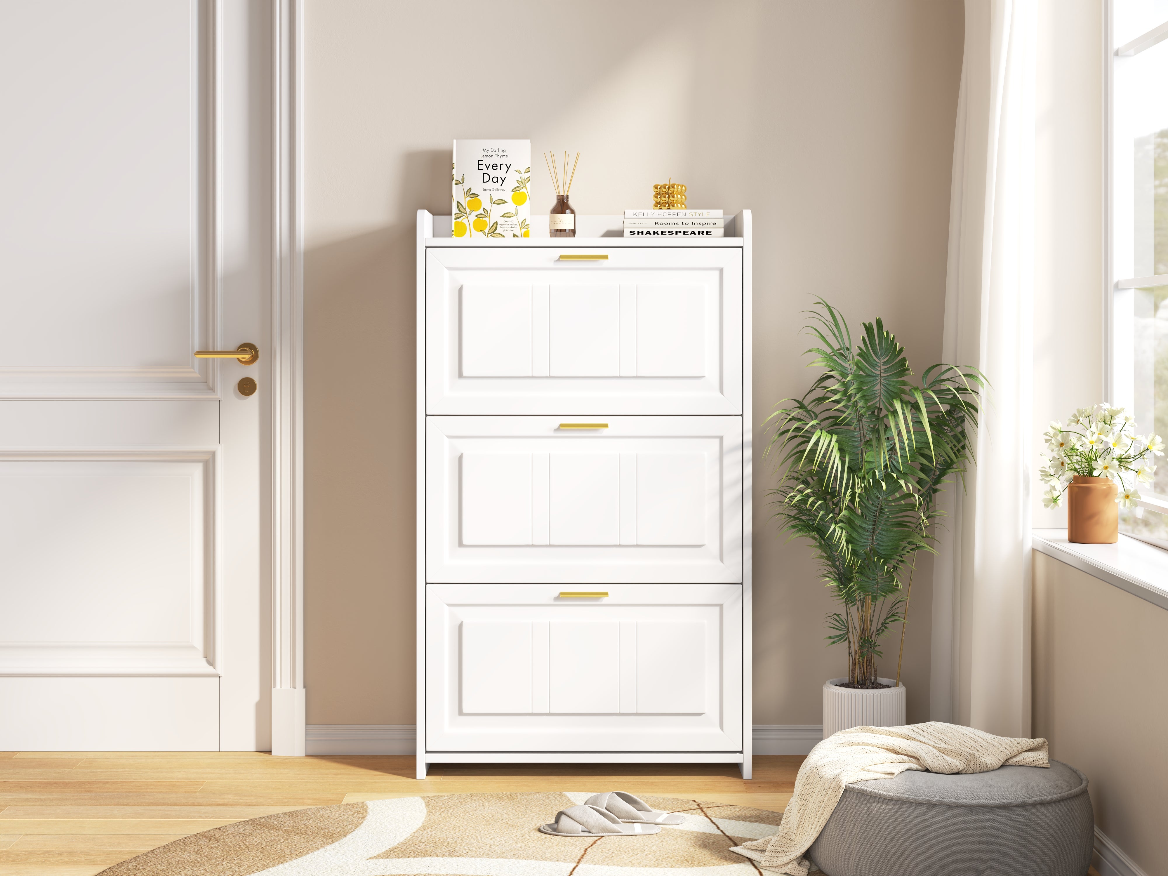 Meuble à chaussures avec 3 portes rabattables - 70 x 24 x 120 cm - MDF et panneaux de particules - Blanc - 8