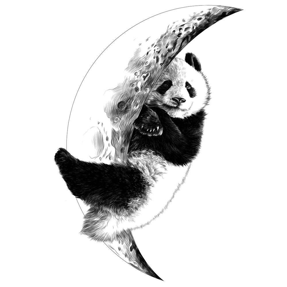 Stickers y vinilos decorativos infantiles, pegatina de panda sobre el dibujo de estilo luna en blanco y negro en lápiz, 68 cm x 48 cm - 2