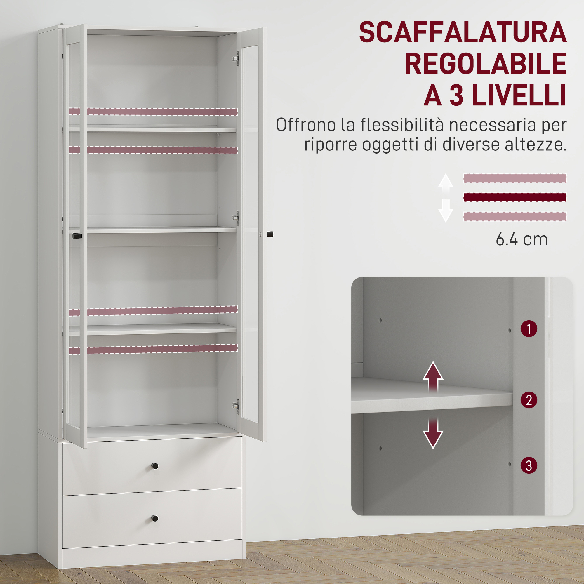 HOMCOM Credenza Cucina con Armadietto e 2 Cassetti, Ante in Vetro e Ripiani Regolabili, 59x30x164 cm, Bianco - 5