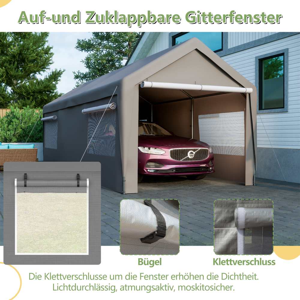Tente Garage Carport 3x6m - Gris, Fenêtres Coulissantes, Murs et Toit Amovibles - 4