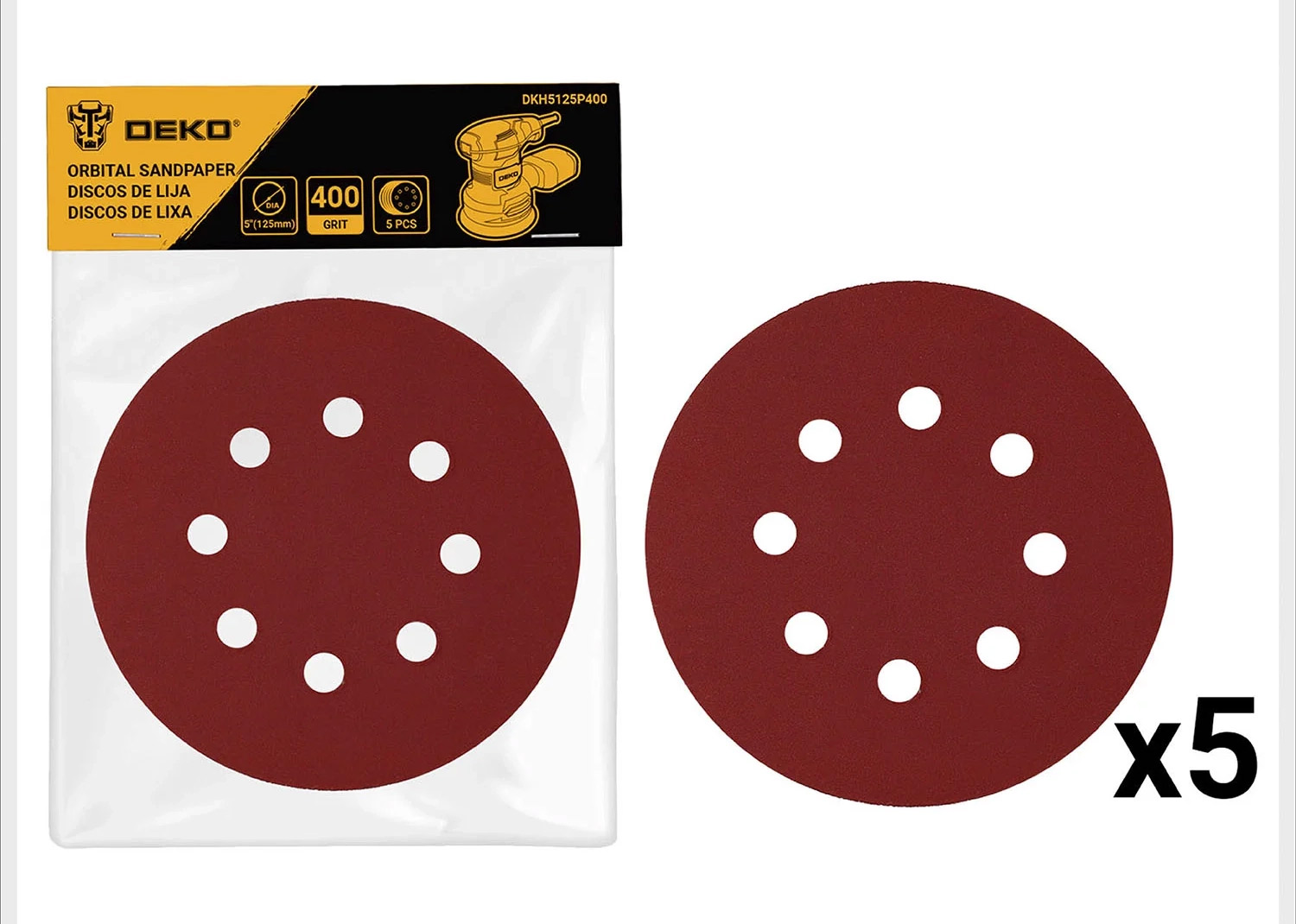 Krążek papier ścierny DEKO 125 mm do szlifierki z otworami P400 zestaw 5 sztuk