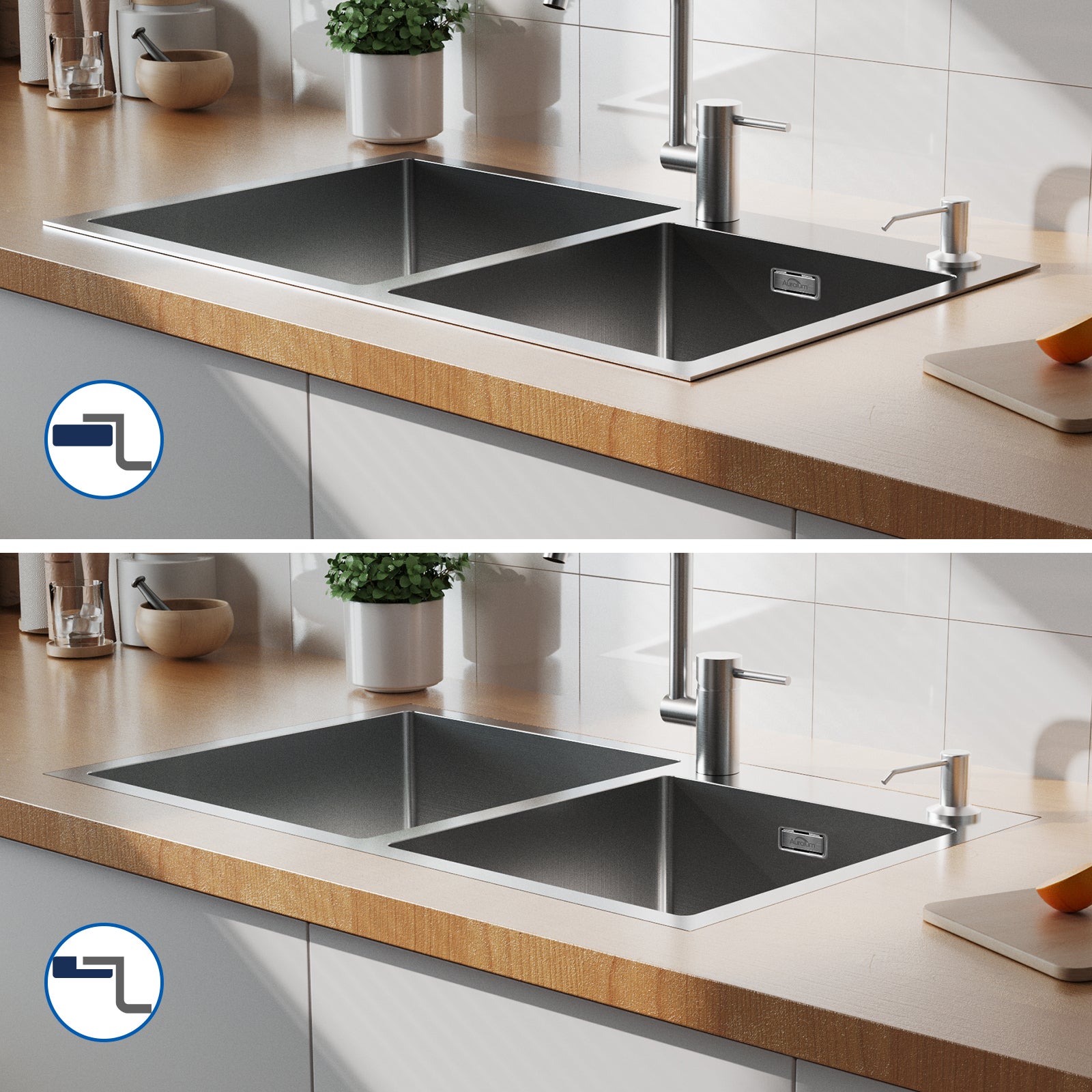 AuraLum Max Évier à Encastré/à Poser 2 Bacs avec Distributeur de savon et Ensemble de Drainage,Évier 75x45x19cm en Acier Inoxydable,Brossé,EU Modèle - 9