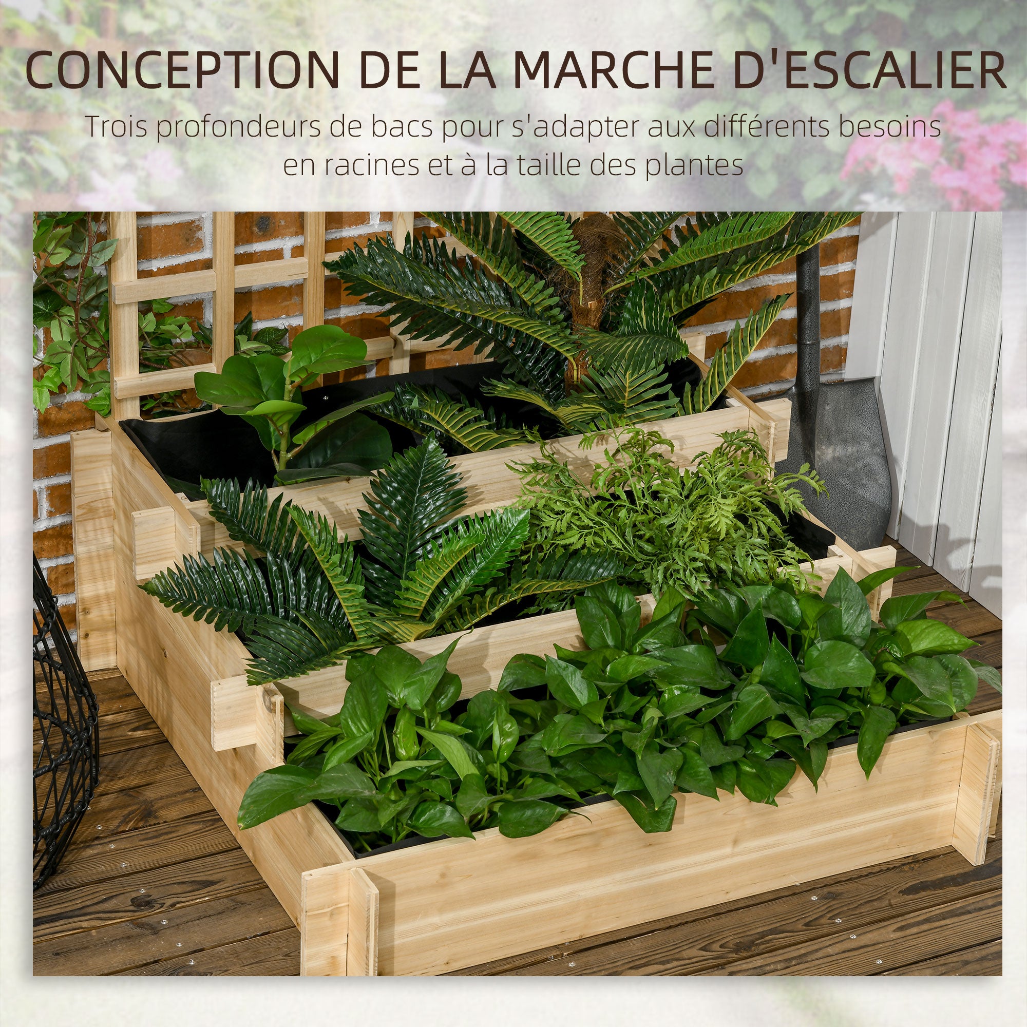 Carré potager jardinière à 3 étages avec treillis lit surélevé en bois pour plantes grimpantes légumes fleurs naturel - 7